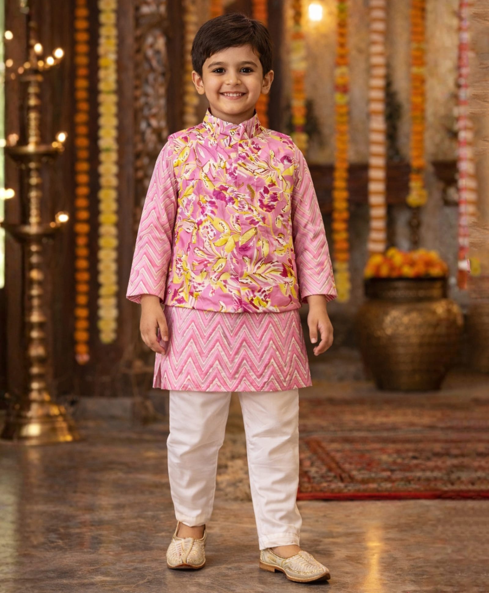 Superminis Cotton Woven Full Sleeves Chevron Printed Kurta & Pyjama Set With Jacket - Pink-picture-4