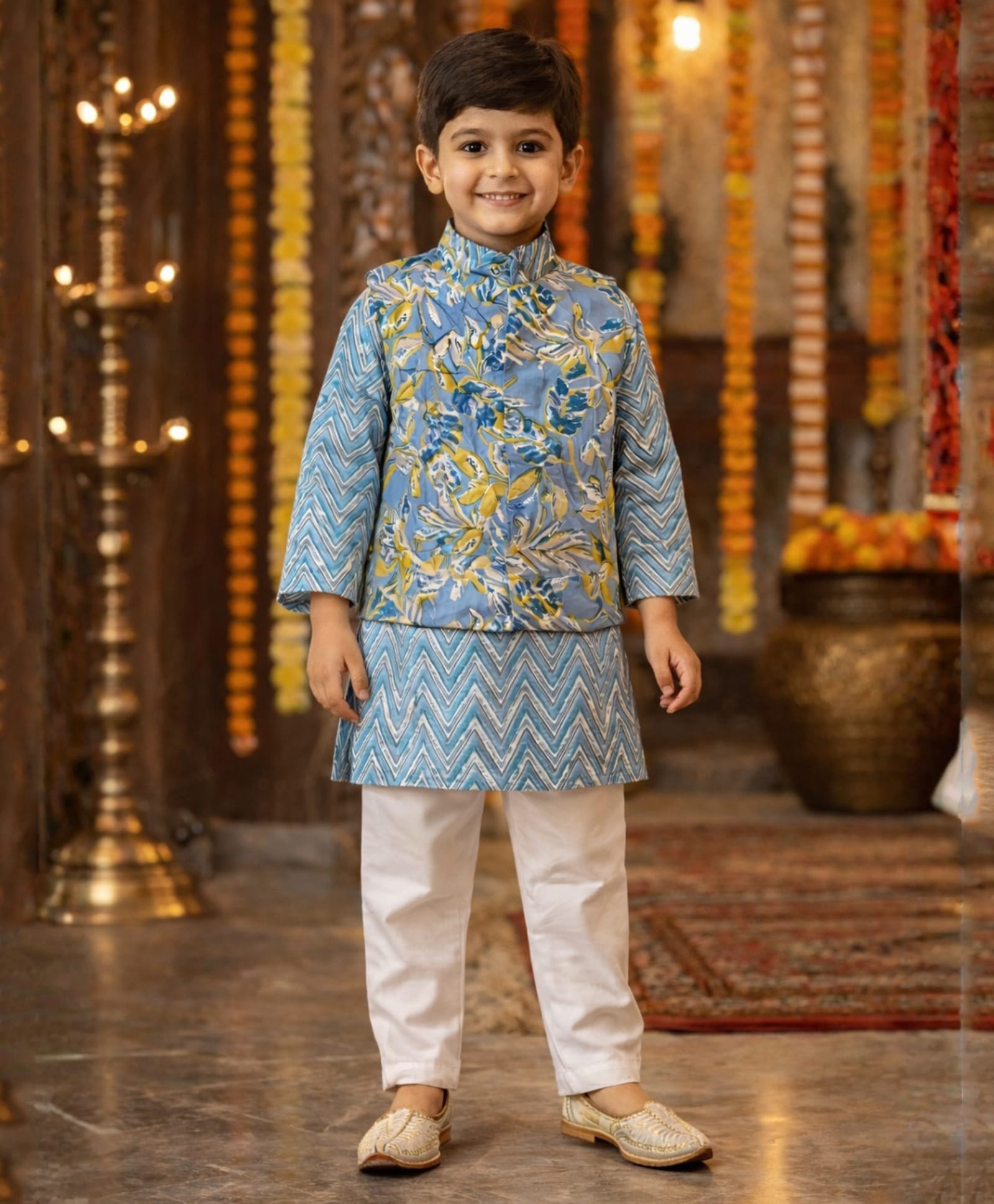 Superminis Cotton Woven Full Sleeves Chevron Printed Kurta & Pyjama Set With Jacket - Blue-image-33
