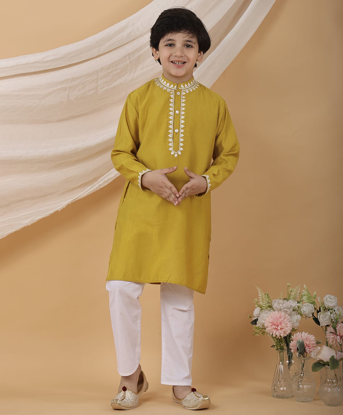Superminis Silk Woven Full Sleeves Leaves Embroidered Kurta & Pyjama Set - Yellow-picture-35
