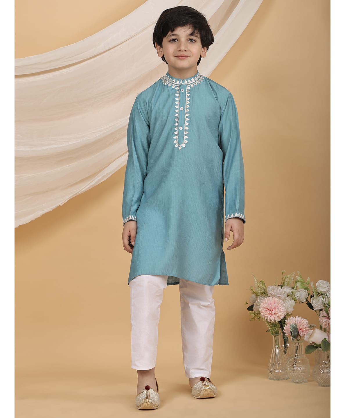Superminis Silk Woven Full Sleeves Leaves Embroidered Kurta & Pyjama Set - Blue-image-39