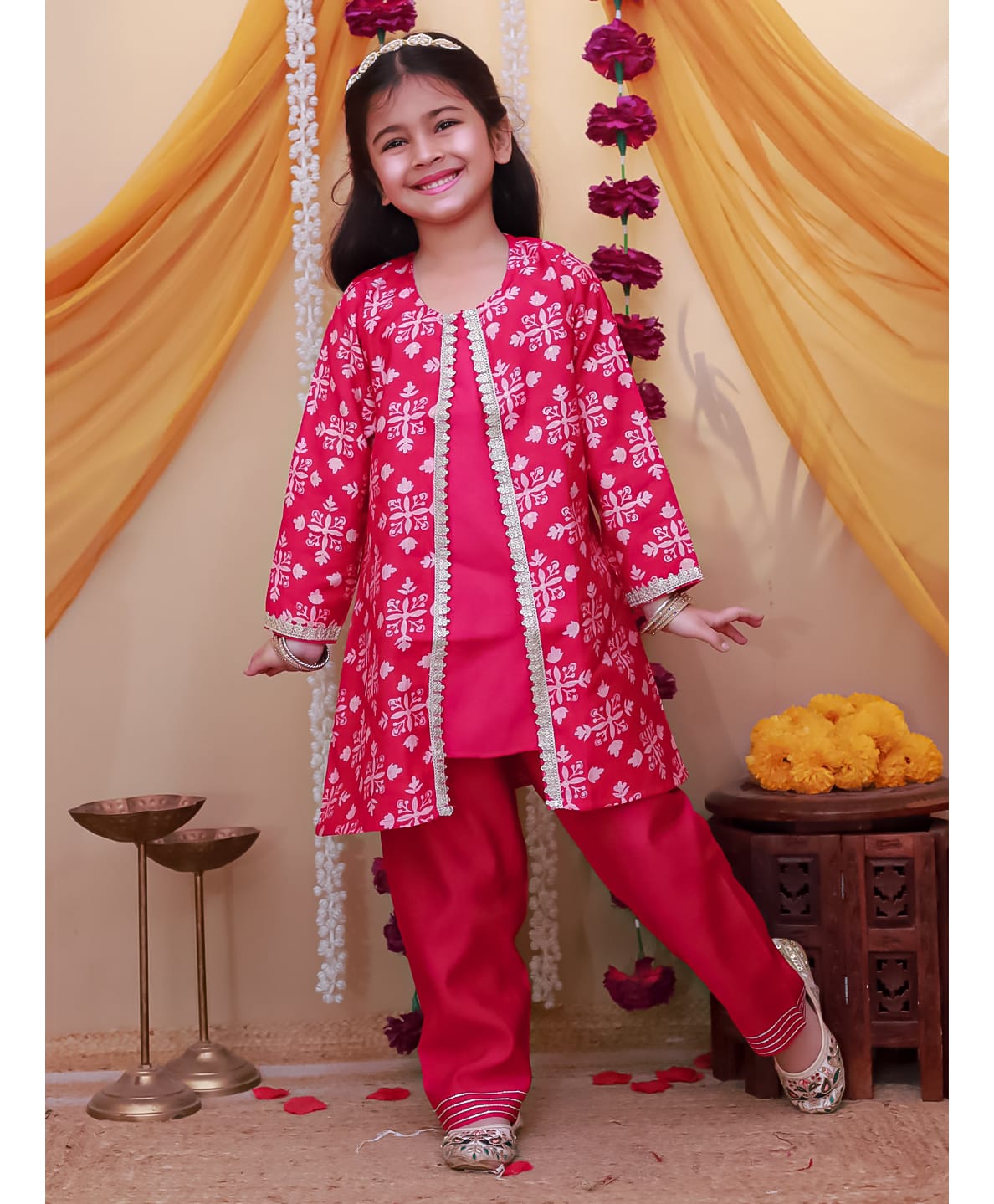 Superminis Silk Woven Full Sleeves Floral Printed Kurti & Pants Set - Magenta-image-47