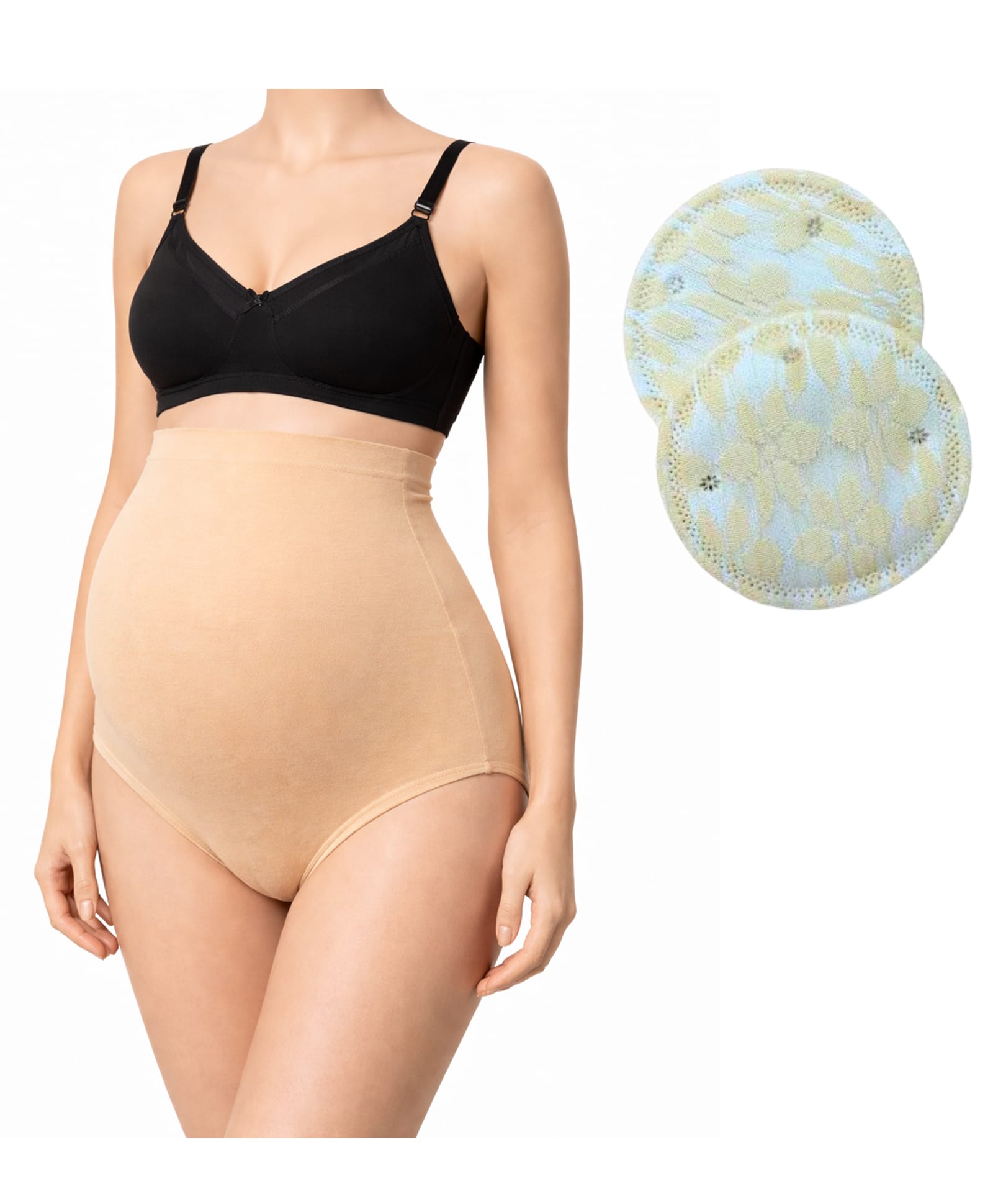 TUMMY Cotton blend Woven Pack Of 3 Solid Maternity Bra With High Waist Panty & Breast Pads - Multi Colour-picture-13
