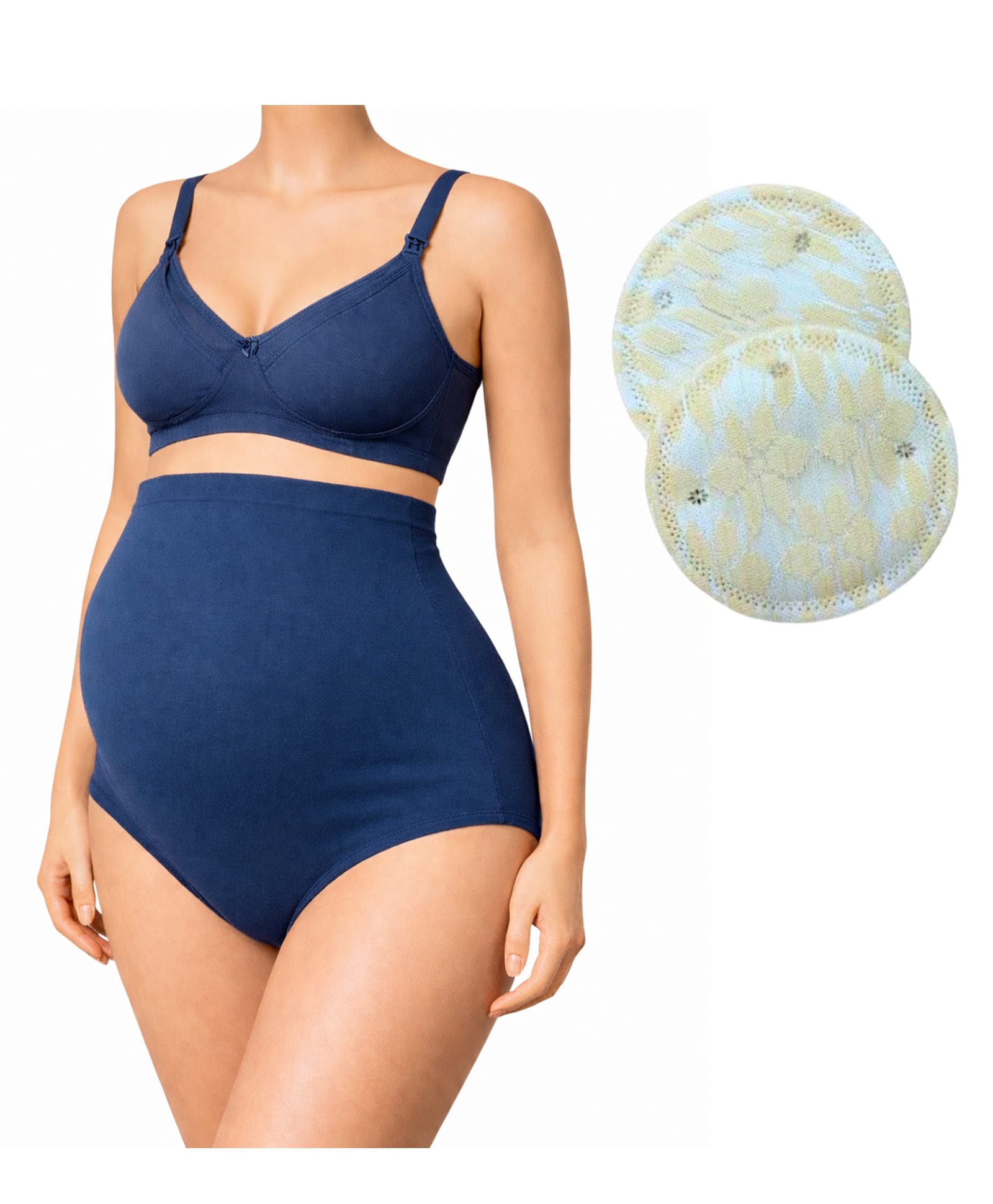 TUMMY Cotton blend Woven Pack Of 3 Solid Maternity Bra With High Waist Panty & Breast Pads - Blue-picture-18