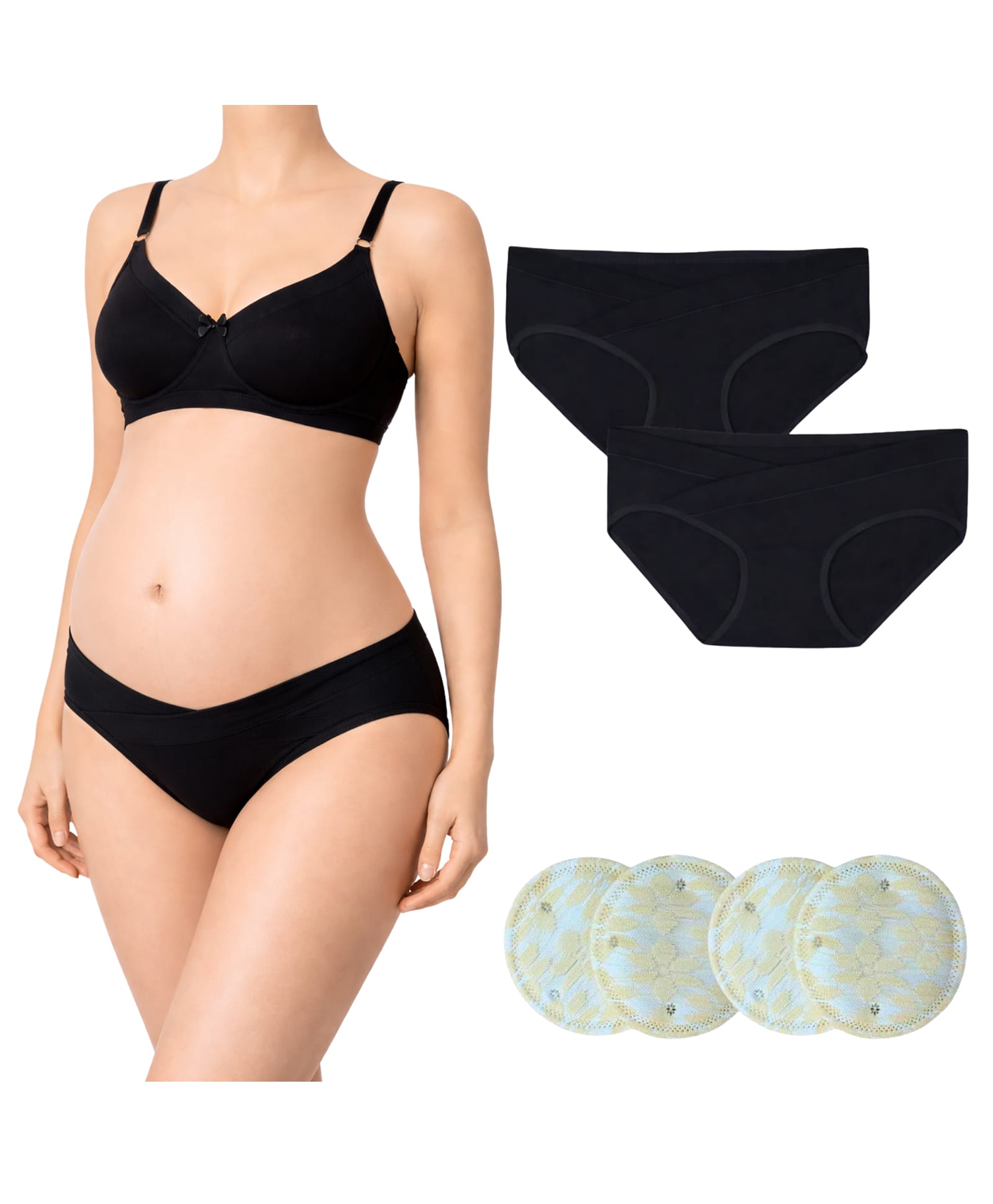 TUMMY Cotton blend Woven Pack Of 3 Solid Maternity Bra With Low Waist Panties & Breast Pads - Black-picture-25