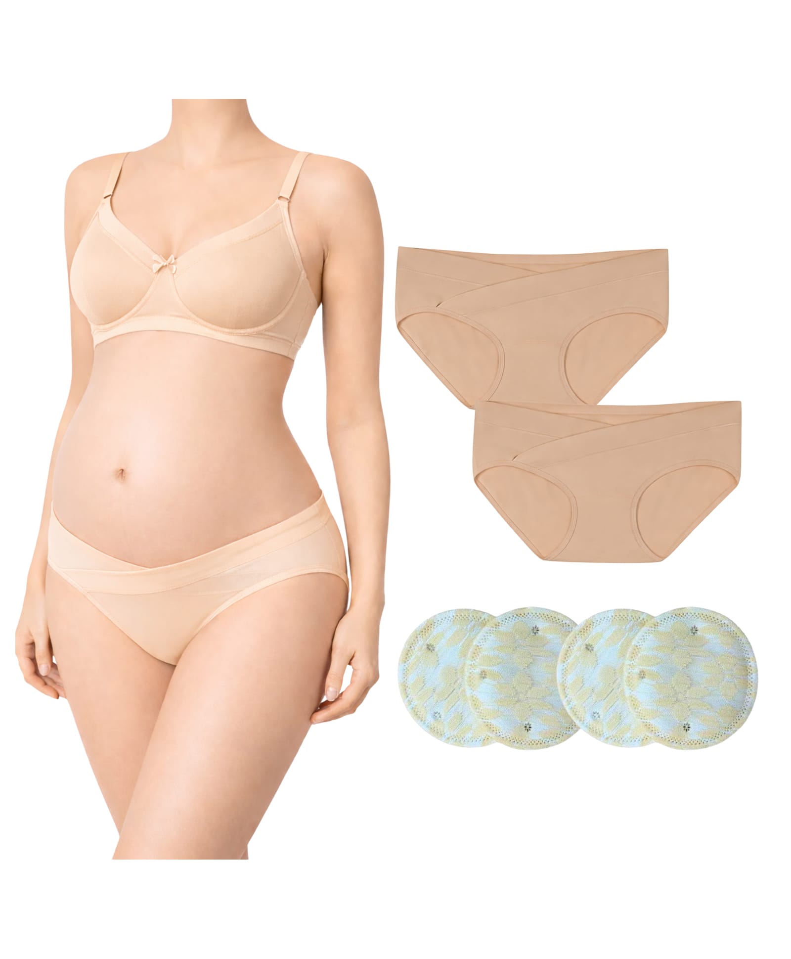 TUMMY Cotton blend Woven Pack Of 3 Solid Maternity Bra With Low Waist Panty & Breast Pads - Beige-image-44