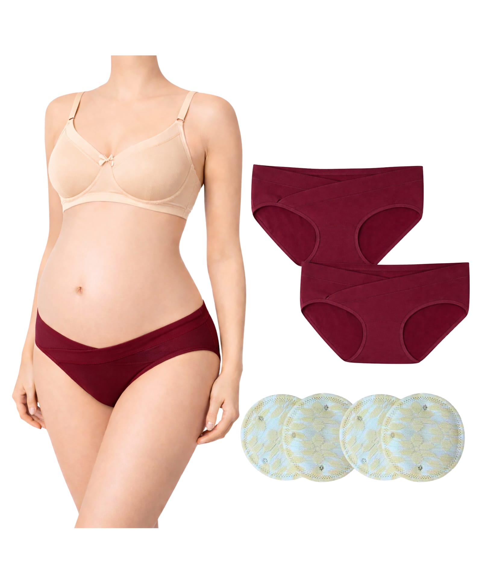 TUMMY Cotton blend Woven Pack Of 3 Solid Maternity Bra With Low Waist Panty & Breast Pads - Multi Colour-picture-10