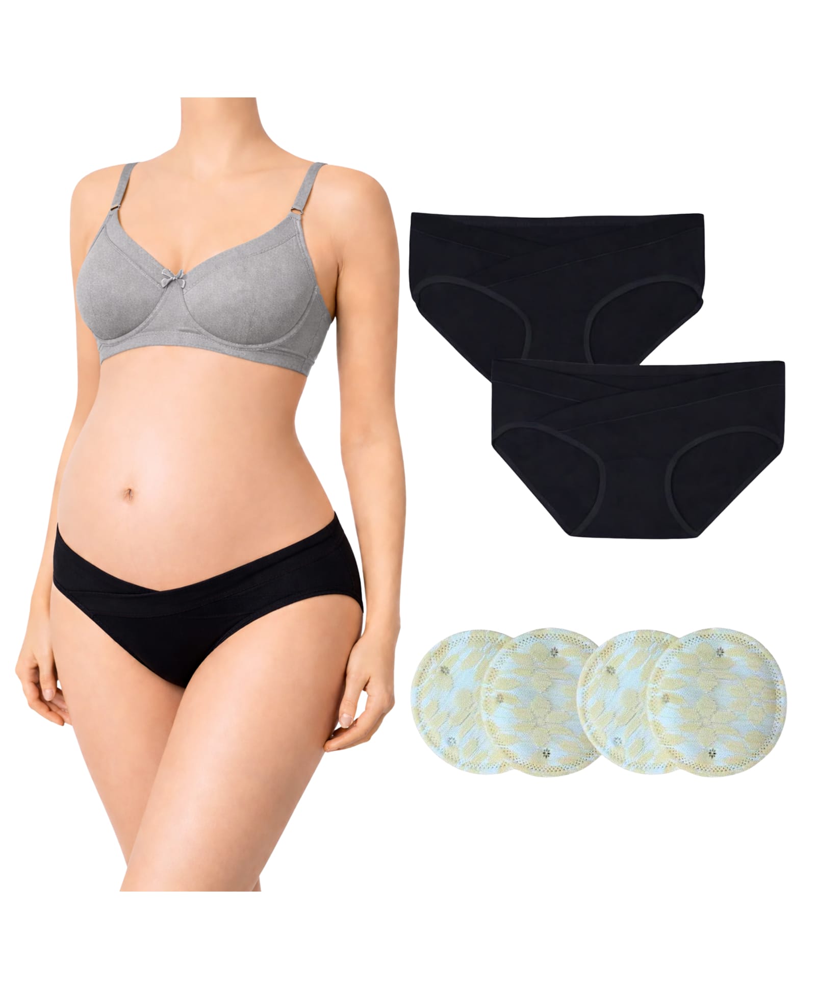 TUMMY Cotton blend Woven Pack Of 3 Solid Maternity Bra With Low Waist Panties & Breast Pads - Black-image-18