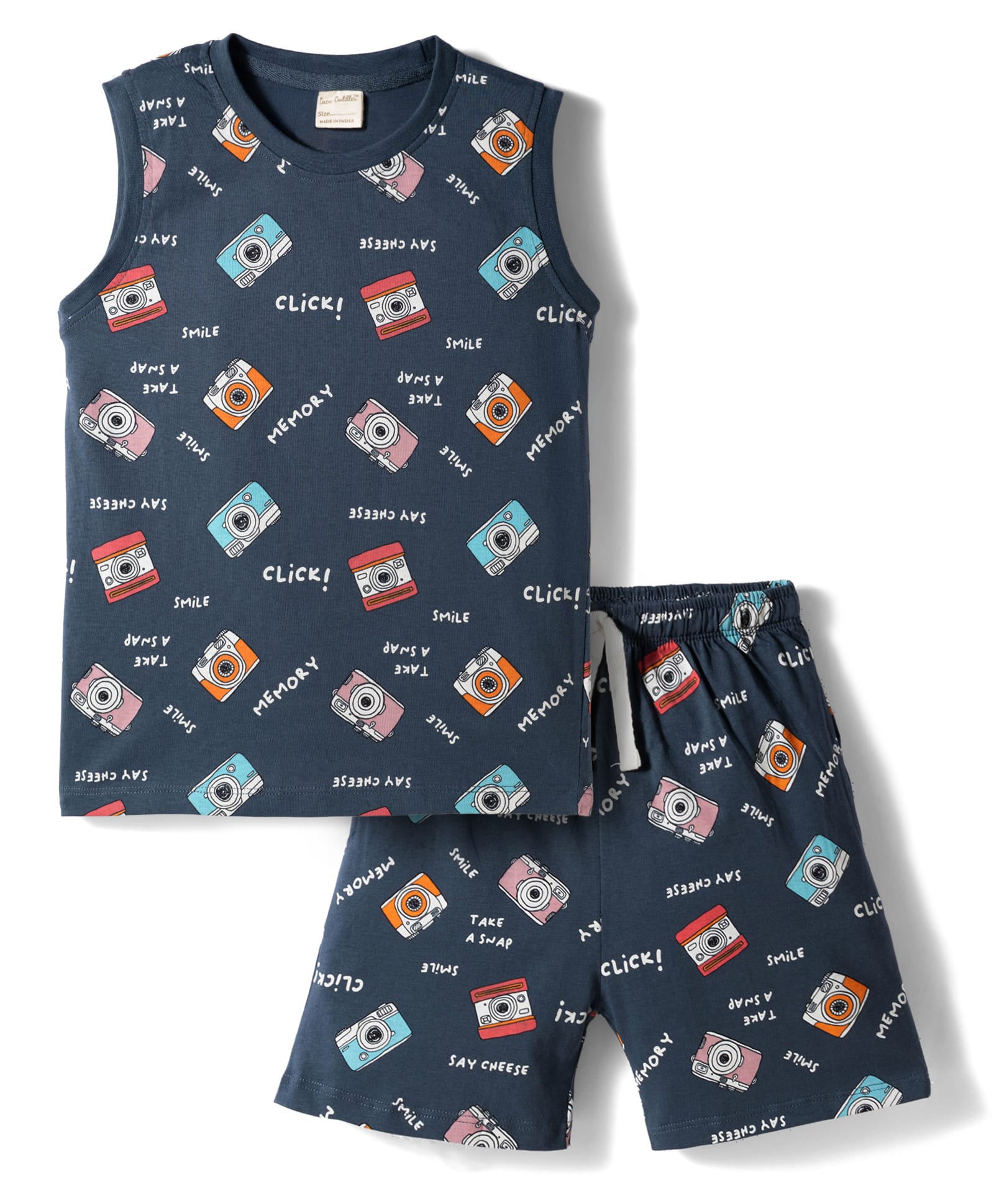 CUCUMBER Knit Sleeveless T-Shirt & Shorts Co-ord Night Suit With Camera Print - Navy Blue-image-44