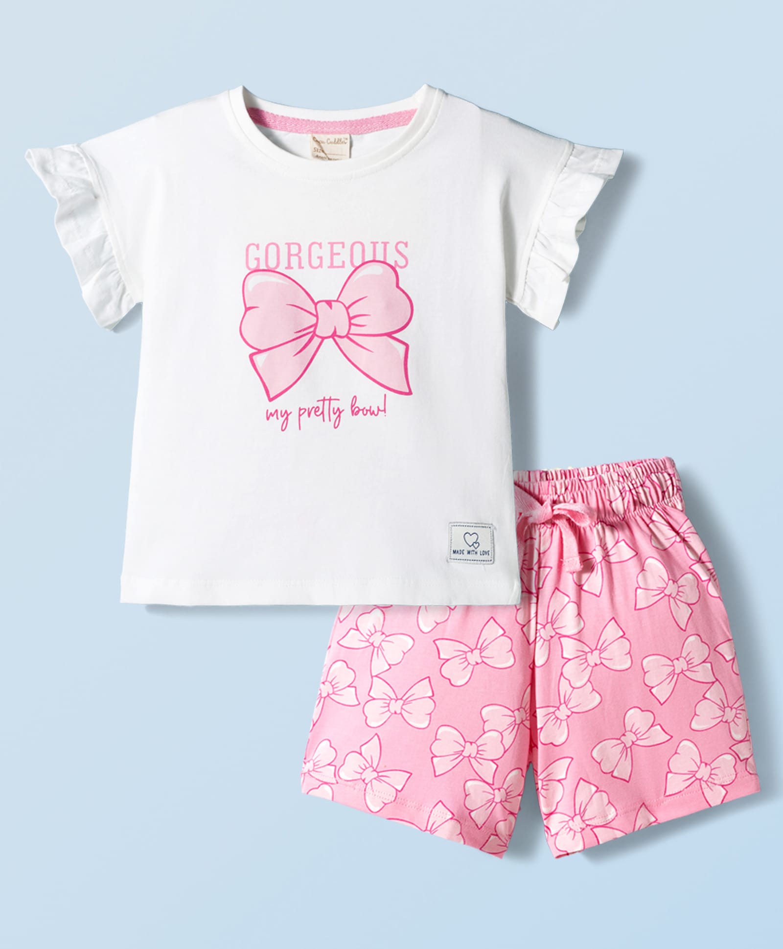 CUCUMBER Sinker Knit Half Sleeves T-Shirt & Shorts Night Suit With Bow Print - Off White-picture-19