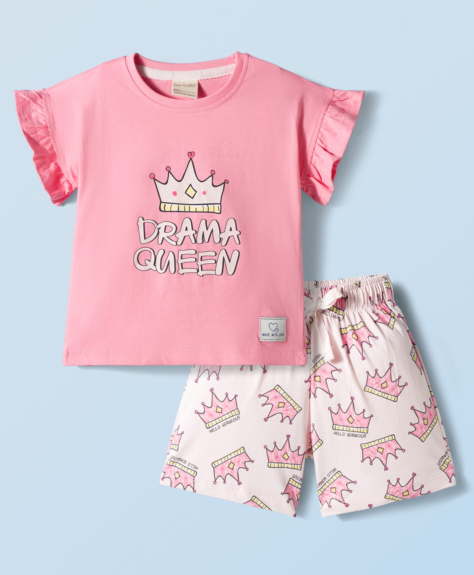 CUCUMBER Sinker Knit Half Sleeves T-Shirt & Shorts Night Suit With Drama Queen Print - Pink-image-33
