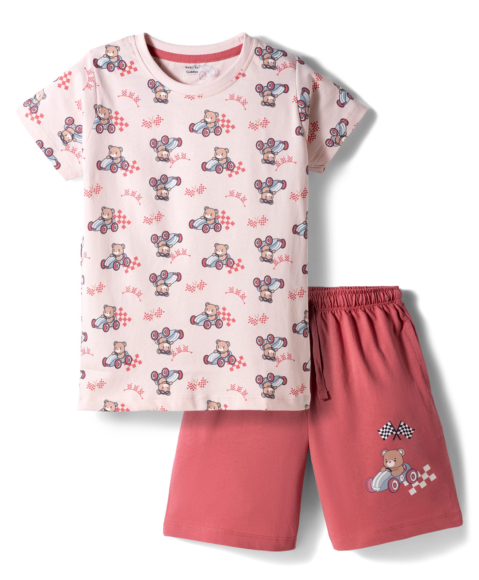 CUCUMBER Sinker Knit Half Sleeves T-Shirt & Shorts Night Suit with Racing Print - Pink-picture-8