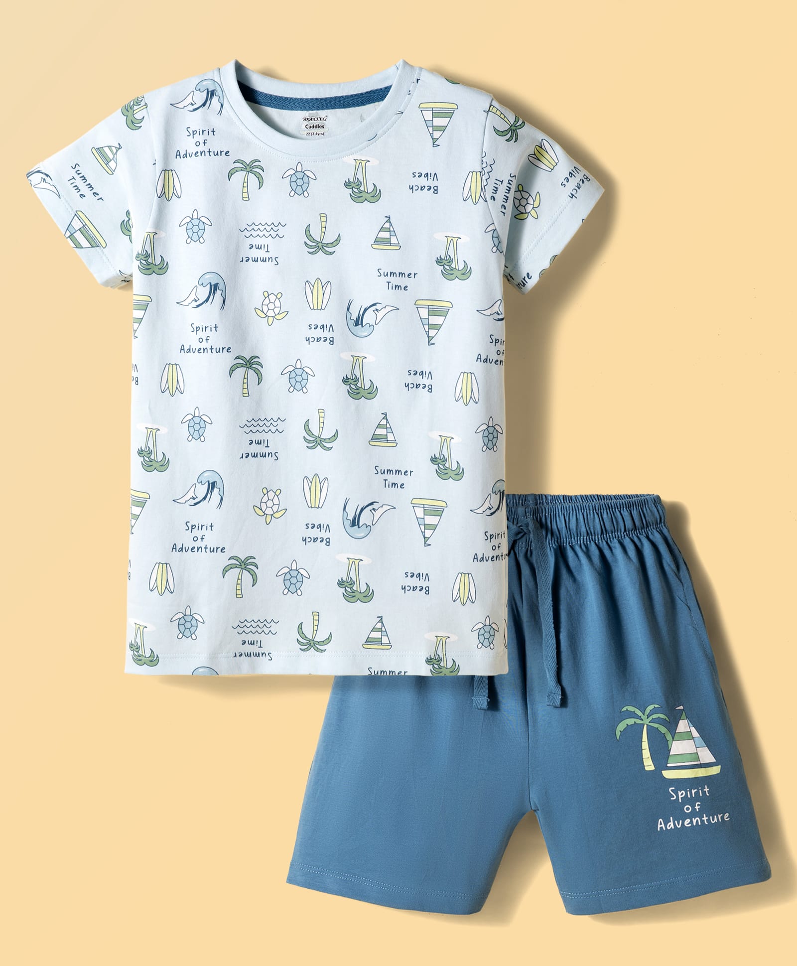 CUCUMBER Sinker Knit Half Sleeves T-Shirt & Shorts Night Suit with Beach Theme Print - Blue-picture-12