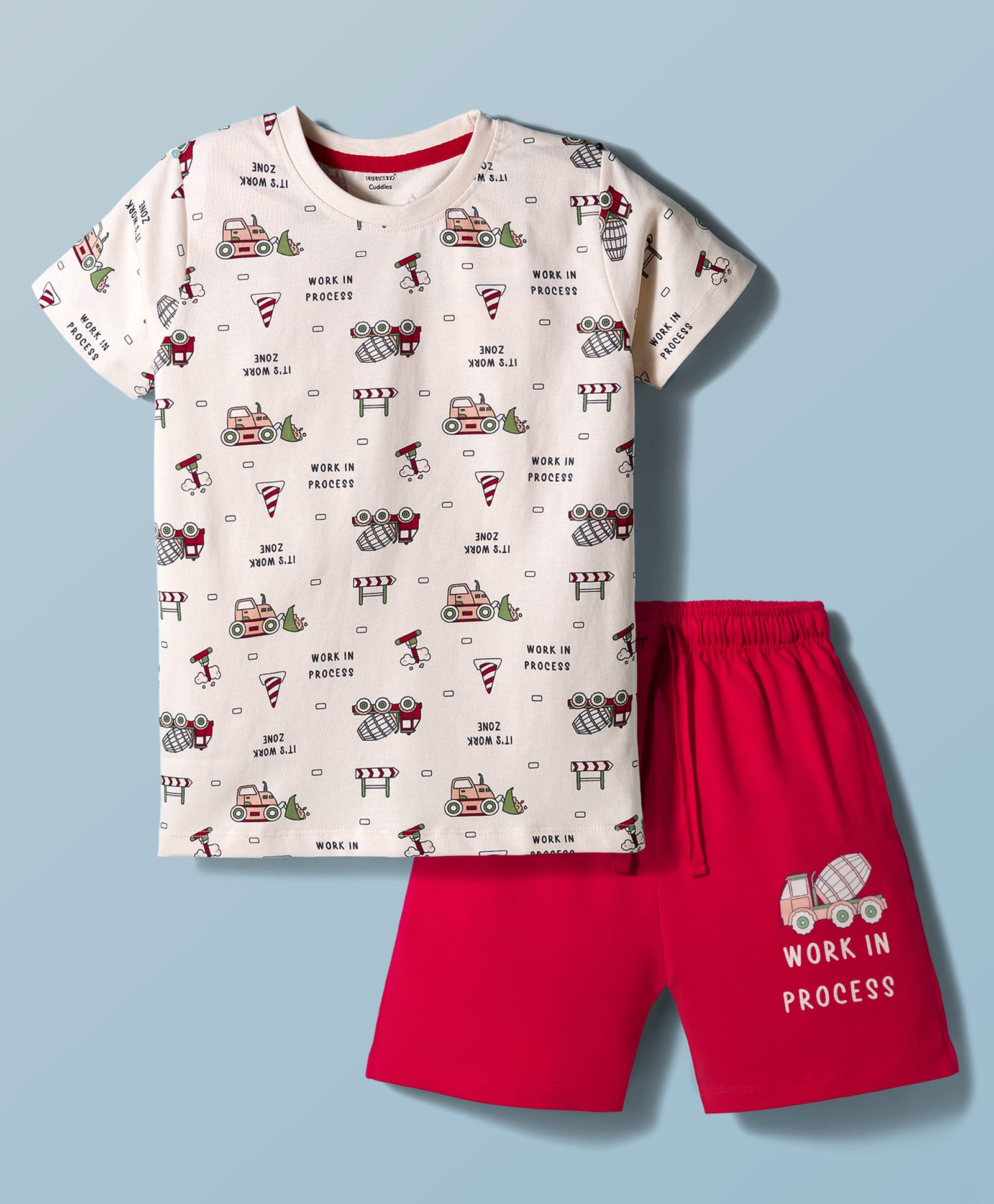 CUCUMBER Sinker Knit Half Sleeves T-Shirt & Shorts Night Suit with Construction Print - Cream-picture-10
