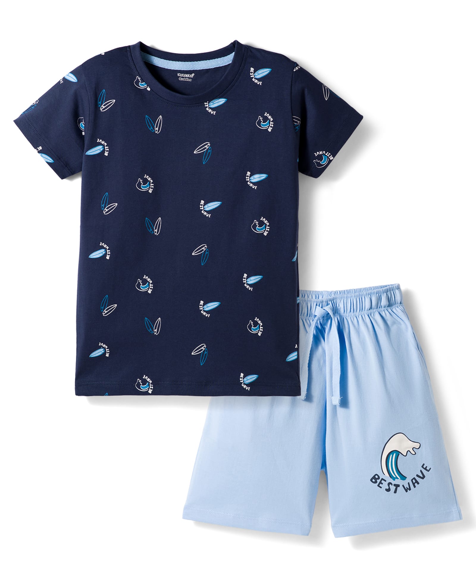 CUCUMBER Sinker Knit Half Sleeves T-Shirt & Shorts Night Suit With Surfing Print - Navy Blue-image-42