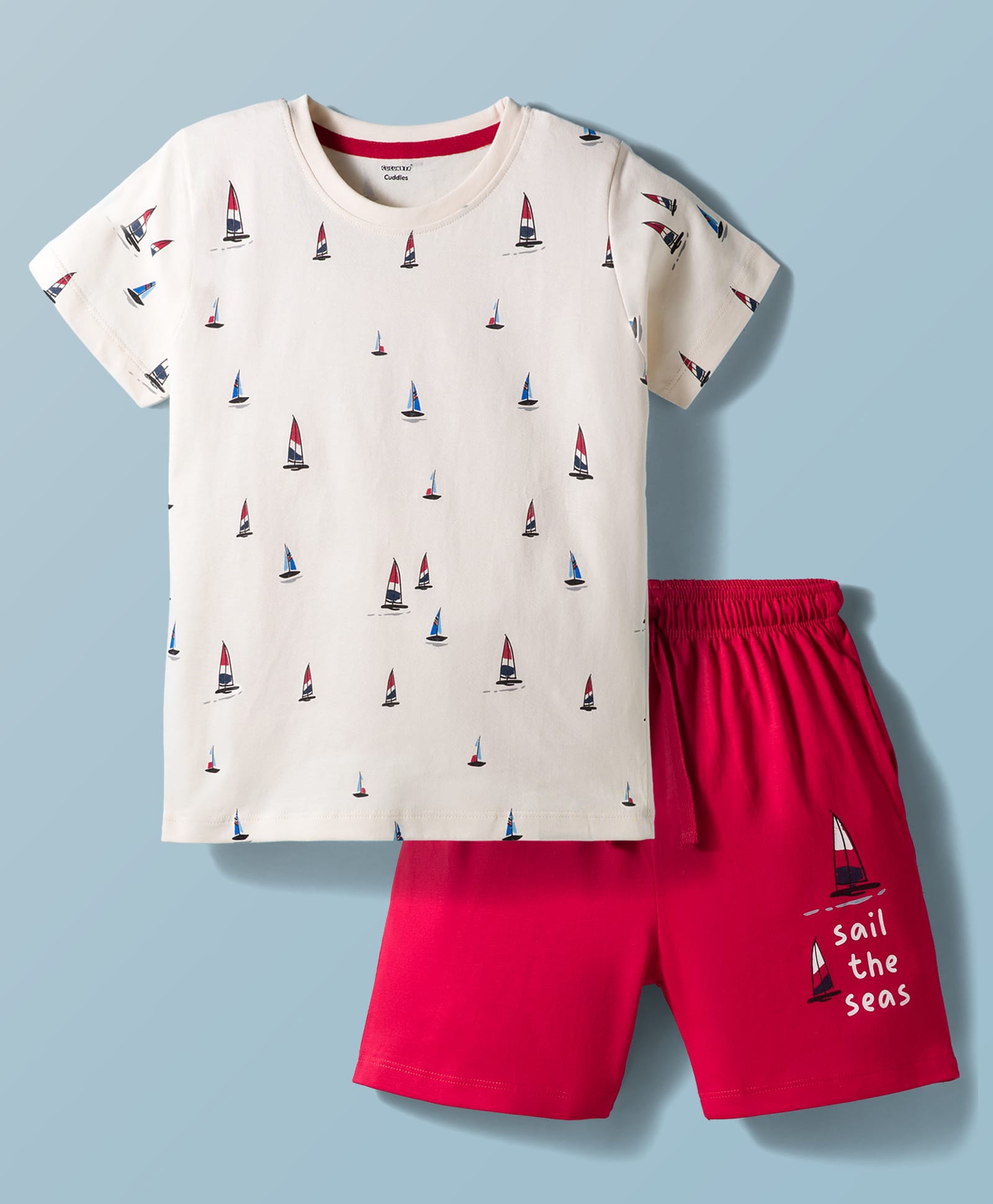CUCUMBER Sinker Knit Half Sleeves T-Shirt & Shorts Night Suit With Boat Print - Cream-picture-18