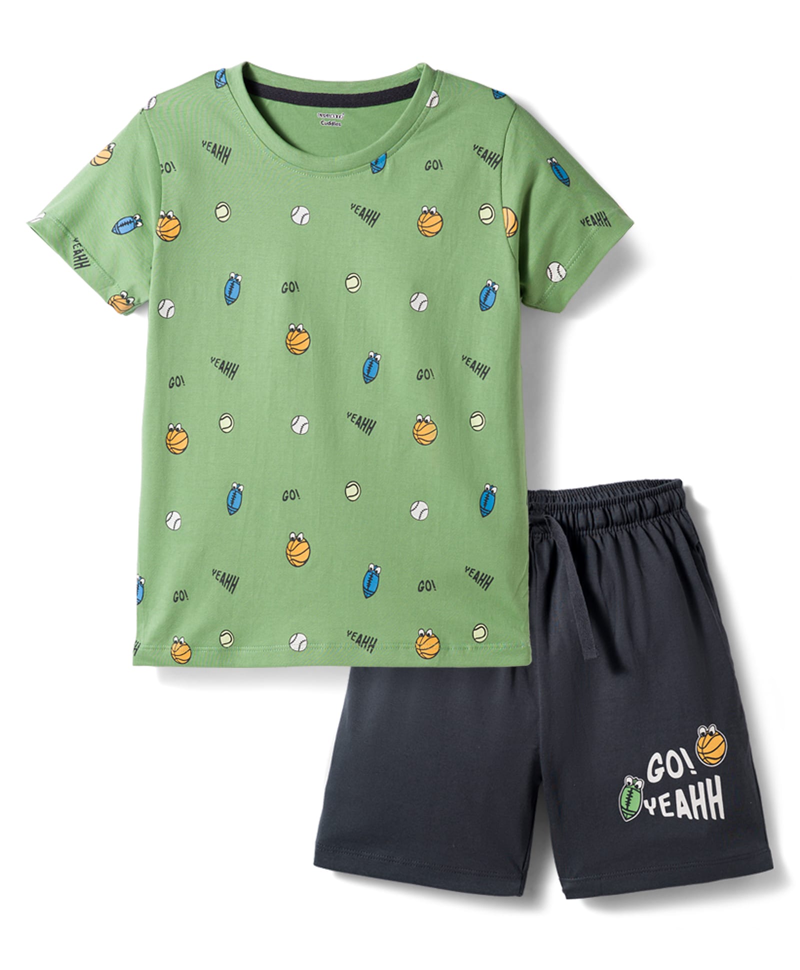 CUCUMBER Sinker Knit Half Sleeves T-Shirt & Shorts Night Suit With Sports Print - Green-picture-23