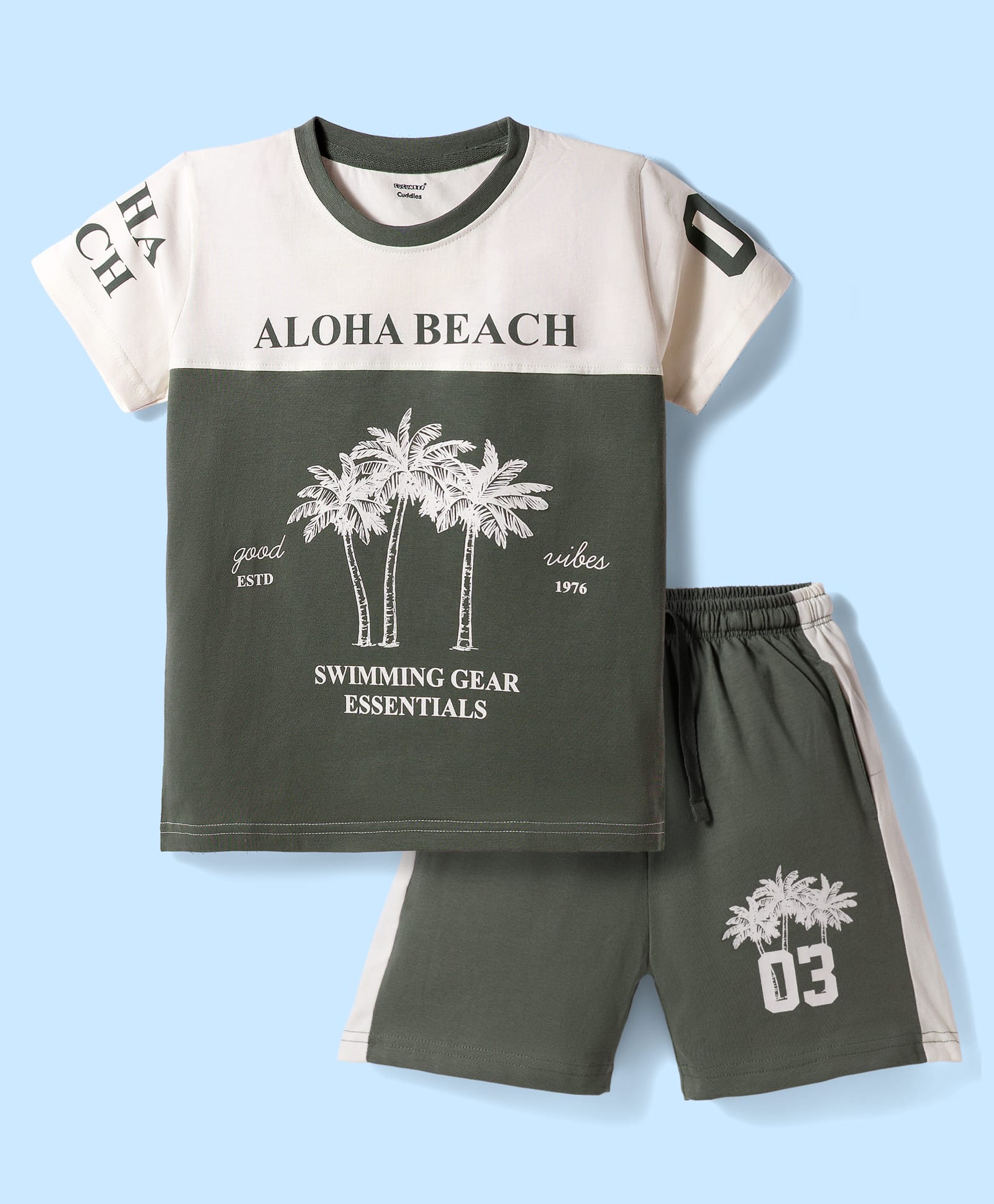 CUCUMBER Sinker Knit Half Sleeves Beach Theme Printed T-Shirt & Shorts Night Suit - Olive Green-image-45