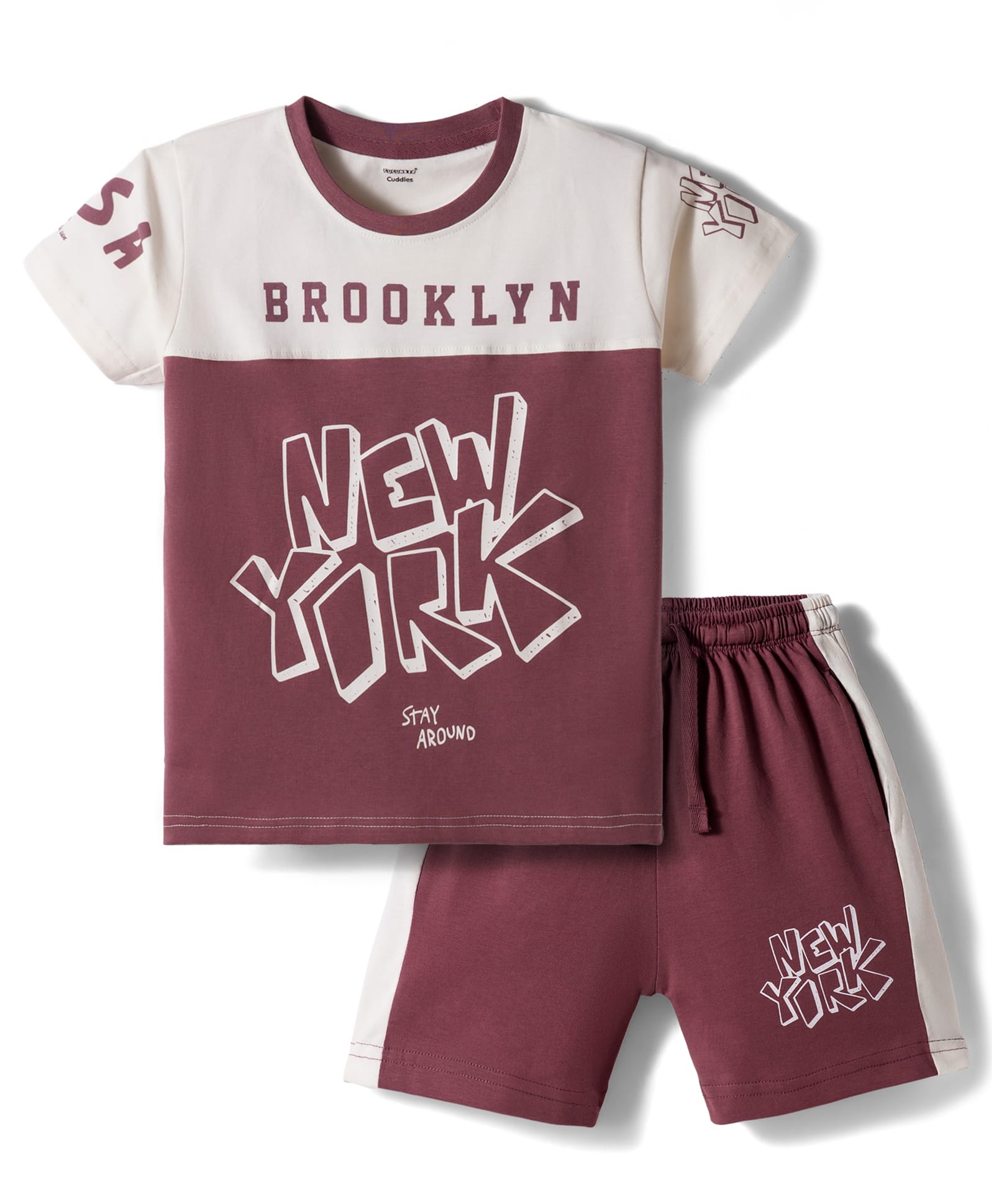 CUCUMBER Sinker Knit Half Sleeves T-Shirt & Shorts Night Suit With New York Print - Pink-image-26