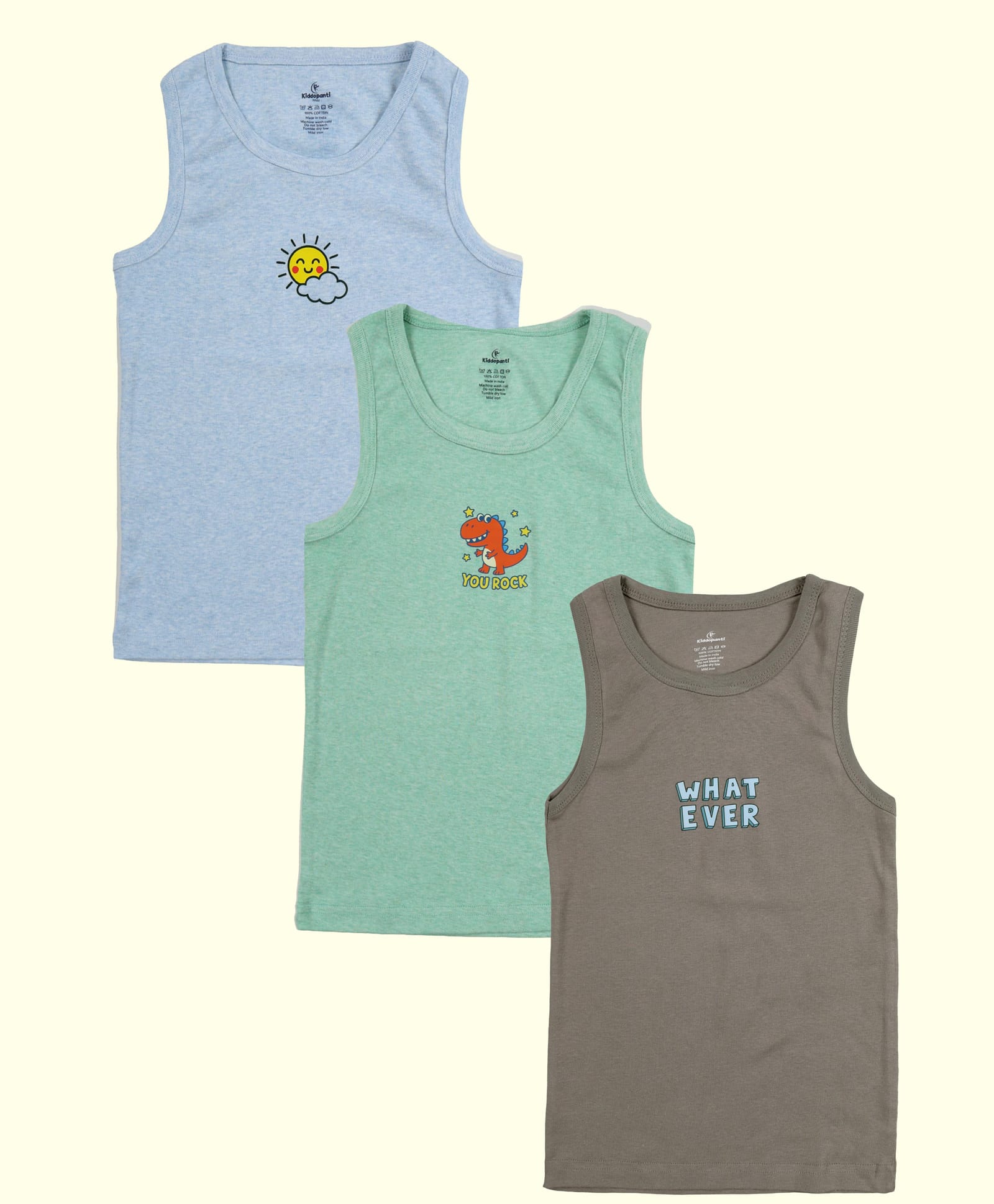 Kiddopanti Cotton Knit Pack Of 3 Sleeveless Dinosaur Sun & What Ever Text Printed Vests - Blue Melange Green Melange & Grey-picture-23