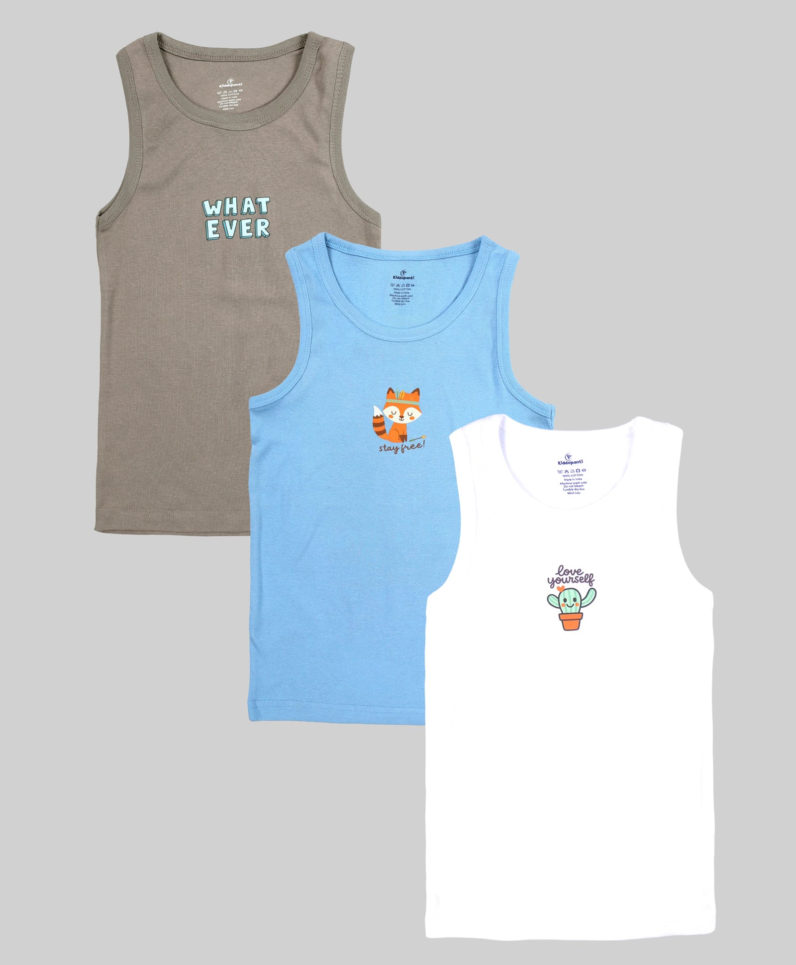 Kiddopanti Cotton Knit Pack Of 3 Sleeveless Cactus Fox & What Ever Text Printed Vests - Grey Blue & White-image-45