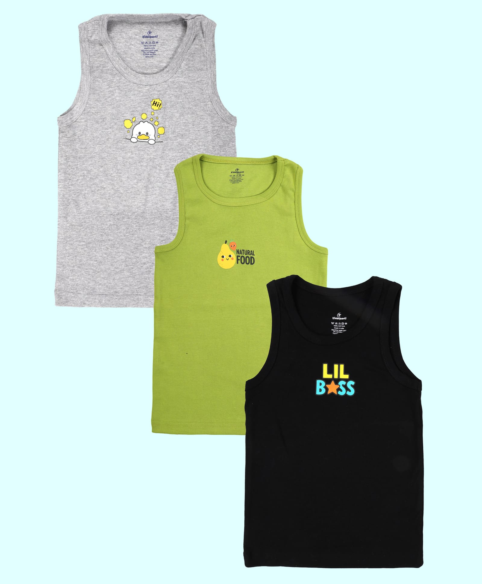 Kiddopanti Pack Of 3 Cotton Knit Sleeveless Pear & Lil Boss Text Printed Vests - Lime Green Black & Grey Melange-picture-33