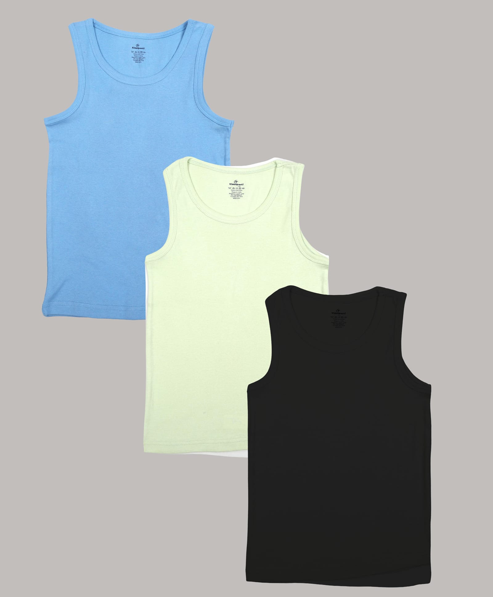 Kiddopanti Cotton Knit Pack Of 3 Sleeveless Solid Vests - Blue Light Green & Black-image-44