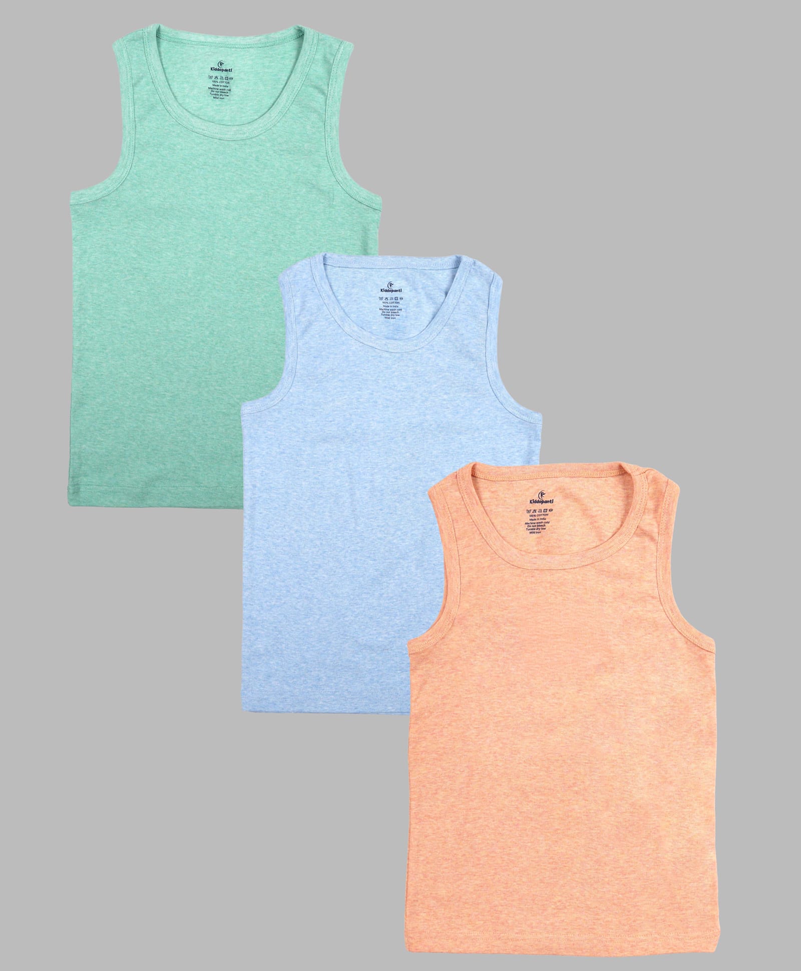 Kiddopanti Cotton Knit Pack Of 3 Sleeveless Solid Vests - Blue Grey & Peach-picture-15