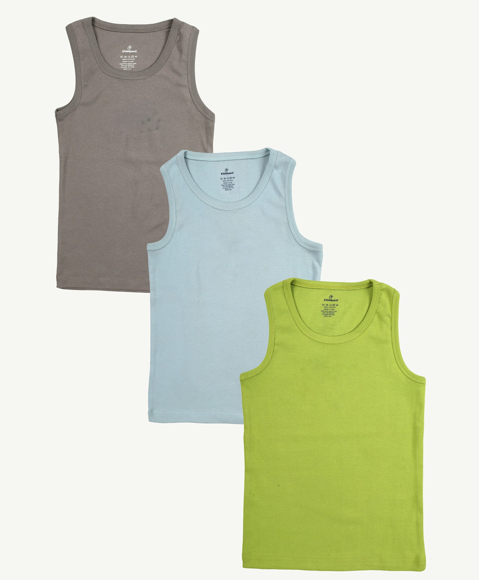 Kiddopanti Cotton Knit Pack Of 3 Sleeveless Solid Vests - Grey Lime & Sage Green-image-5