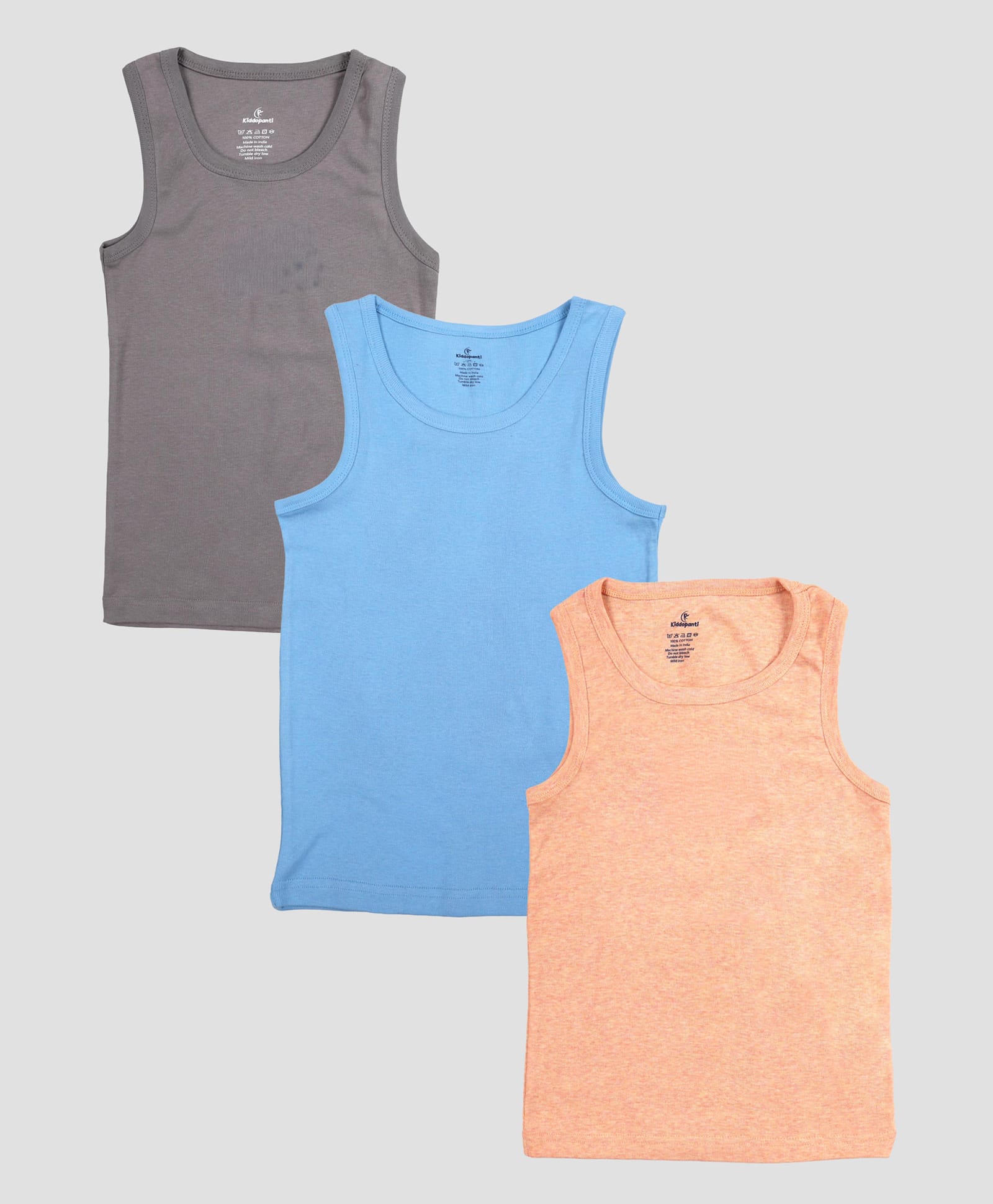 Kiddopanti Cotton Knit Pack Of 3 Sleeveless Solid Vests - Blue Grey & Peach-picture-16