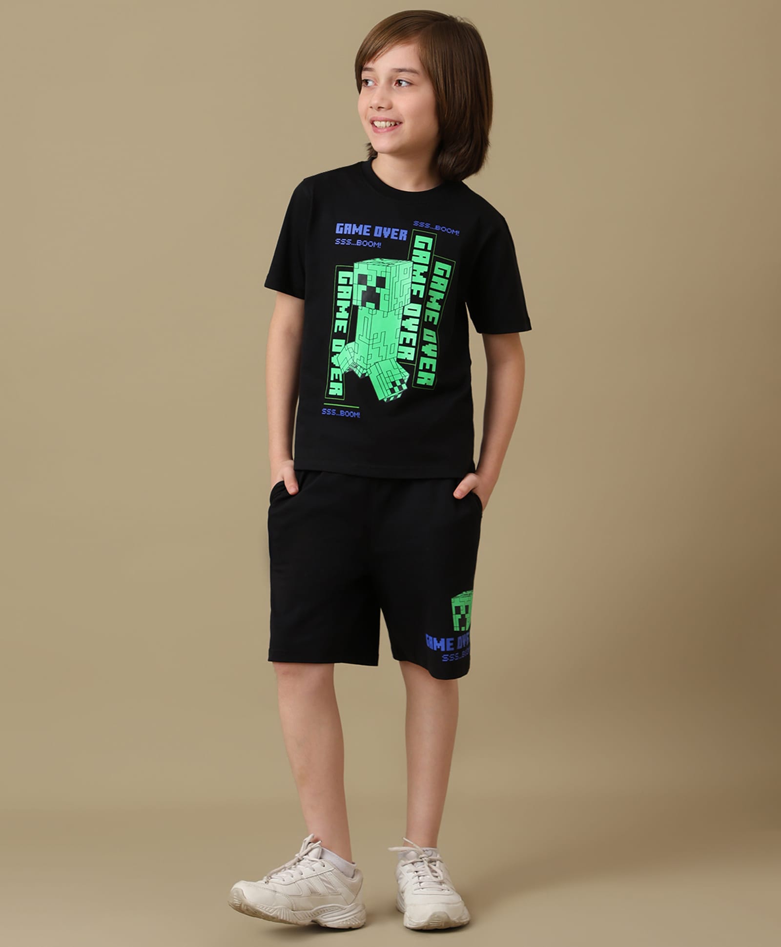 Kidsville Cotton Knit Minecraft Featuring Half Sleeves Creeper Printed Tee & Shorts Set - Black-picture-15