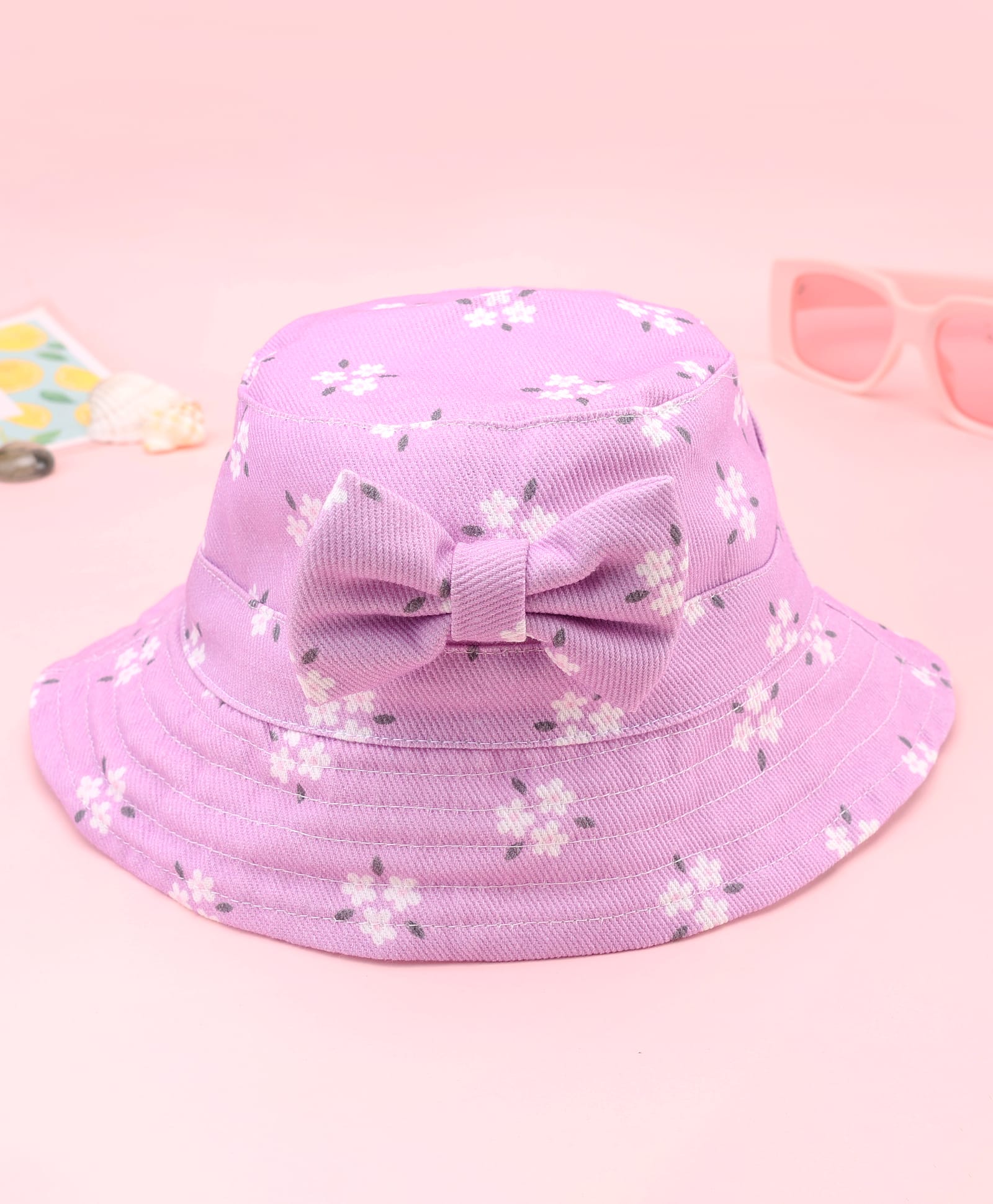 Babyhug Twill Woven Floral Printed Bucket Cap With Bow Applique Lavender - Diameter 16 cm