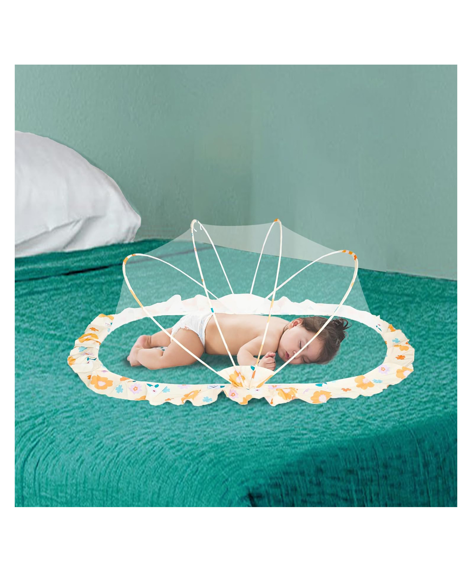 SafeMyles Foldable Baby Mosquito Net for Infants & Toddlers Bottomless Safe Sleep Net - Cream Floral Regular Size-image-26