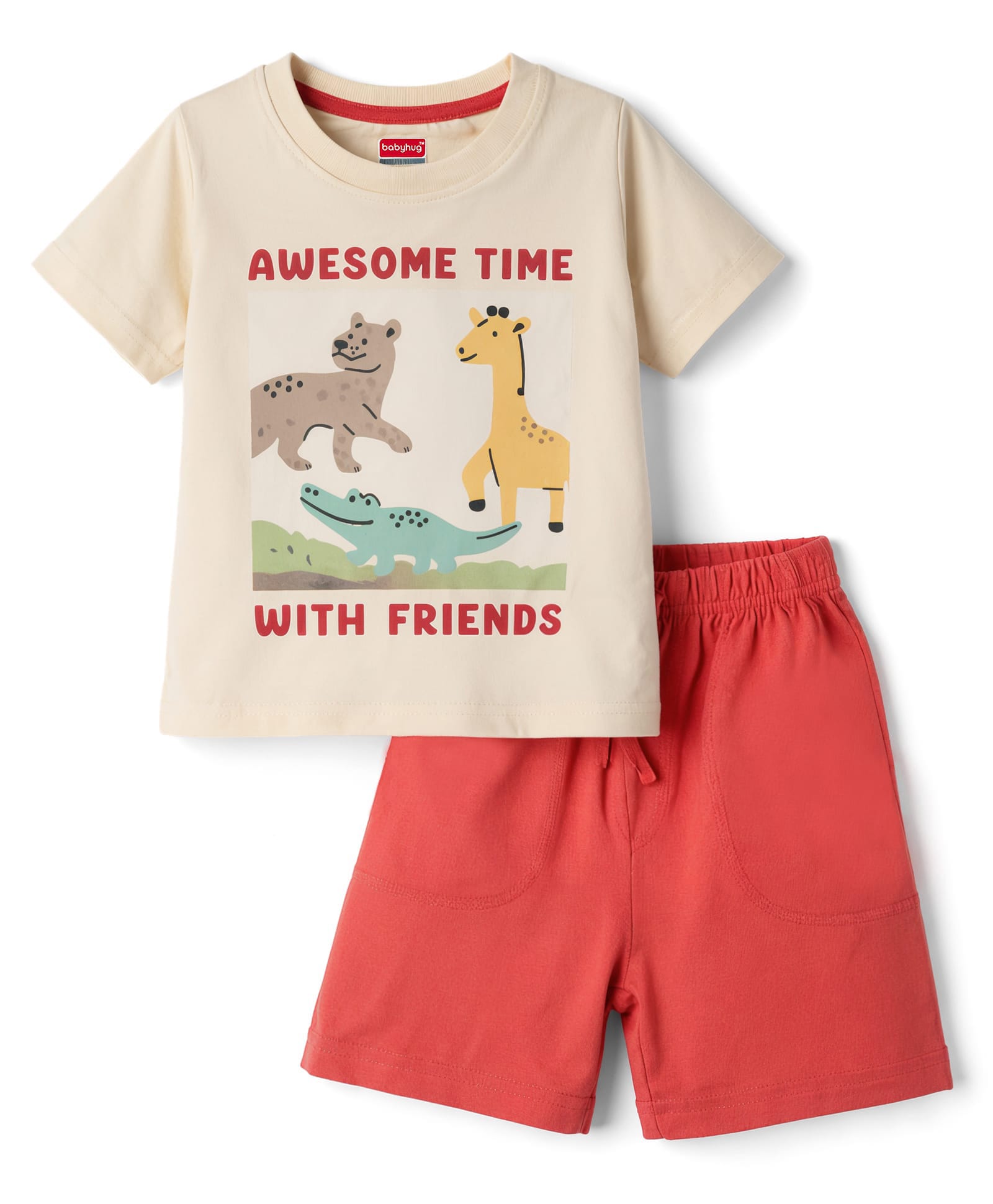 Babyhug Single Jersey Knit Half Sleeves T-Shirt & Shorts Set with Animal Print - Beige & Red-image-4
