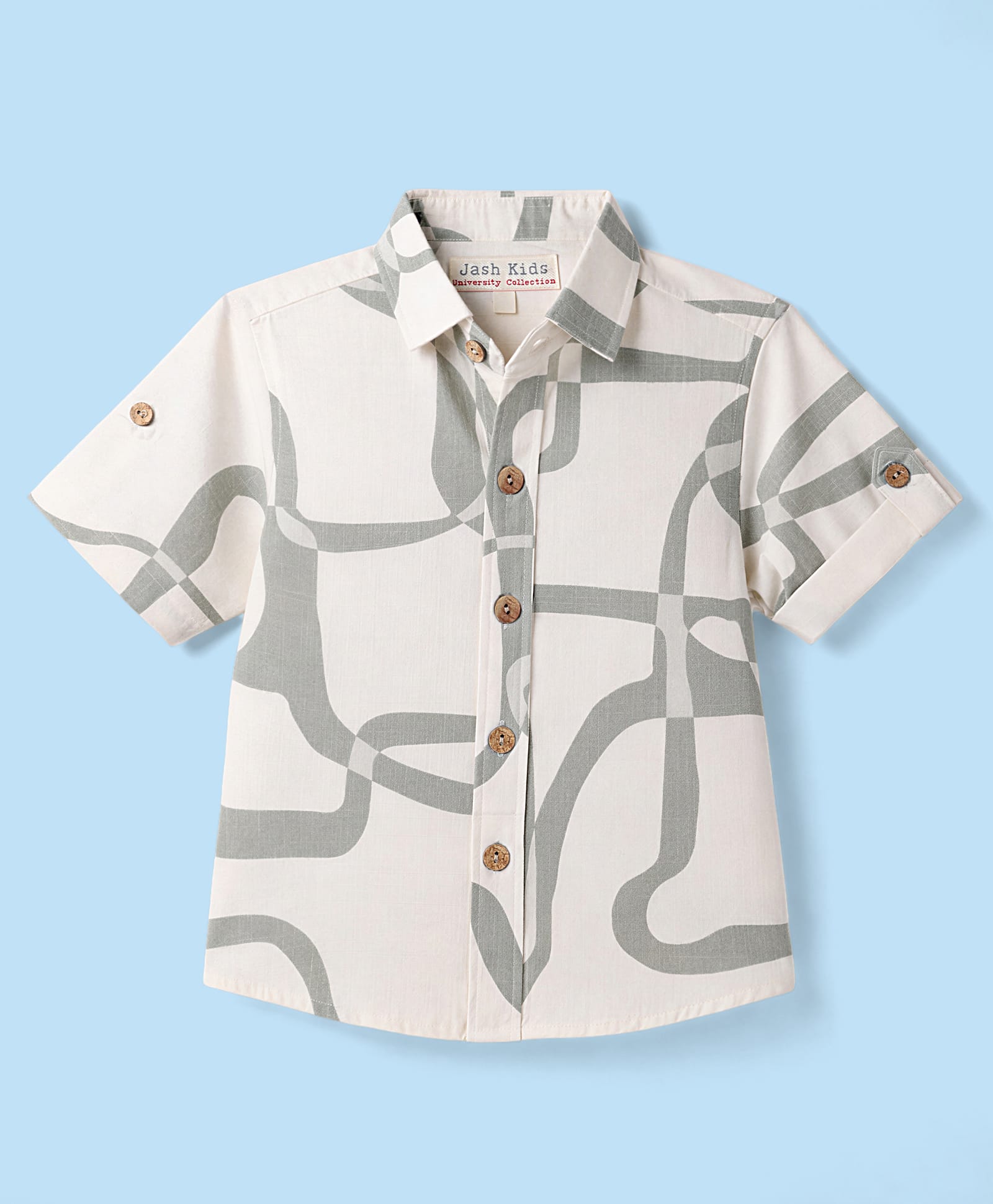 JASH KIDS Cotton Knit Half Sleeves Abstract Printed Shirt - Olive Green-picture-23