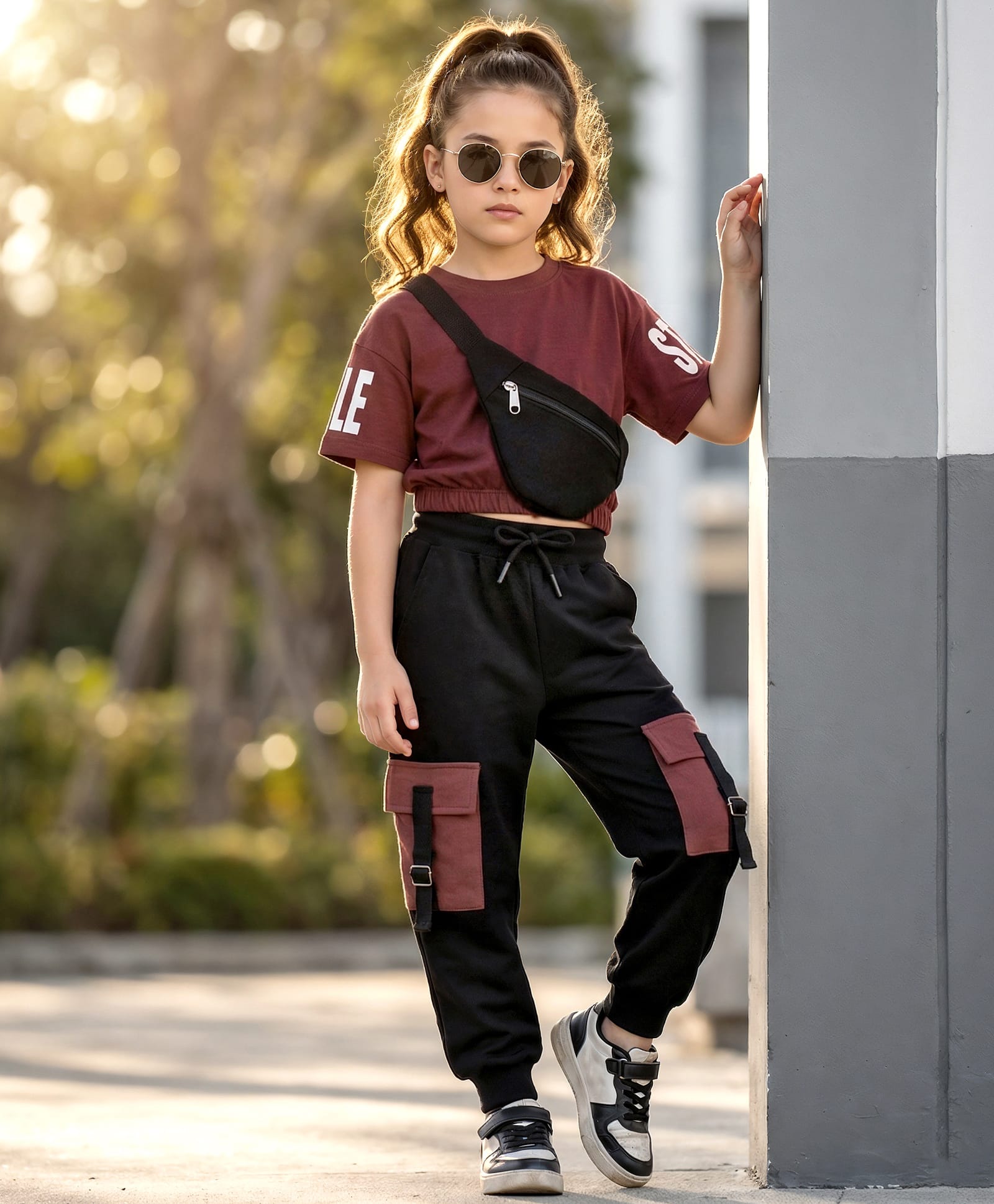 OLLINGTON ST. Cotton Knit Half Sleeves T-Shirt With Bag & Joggers Set - Brown & Black-picture-30