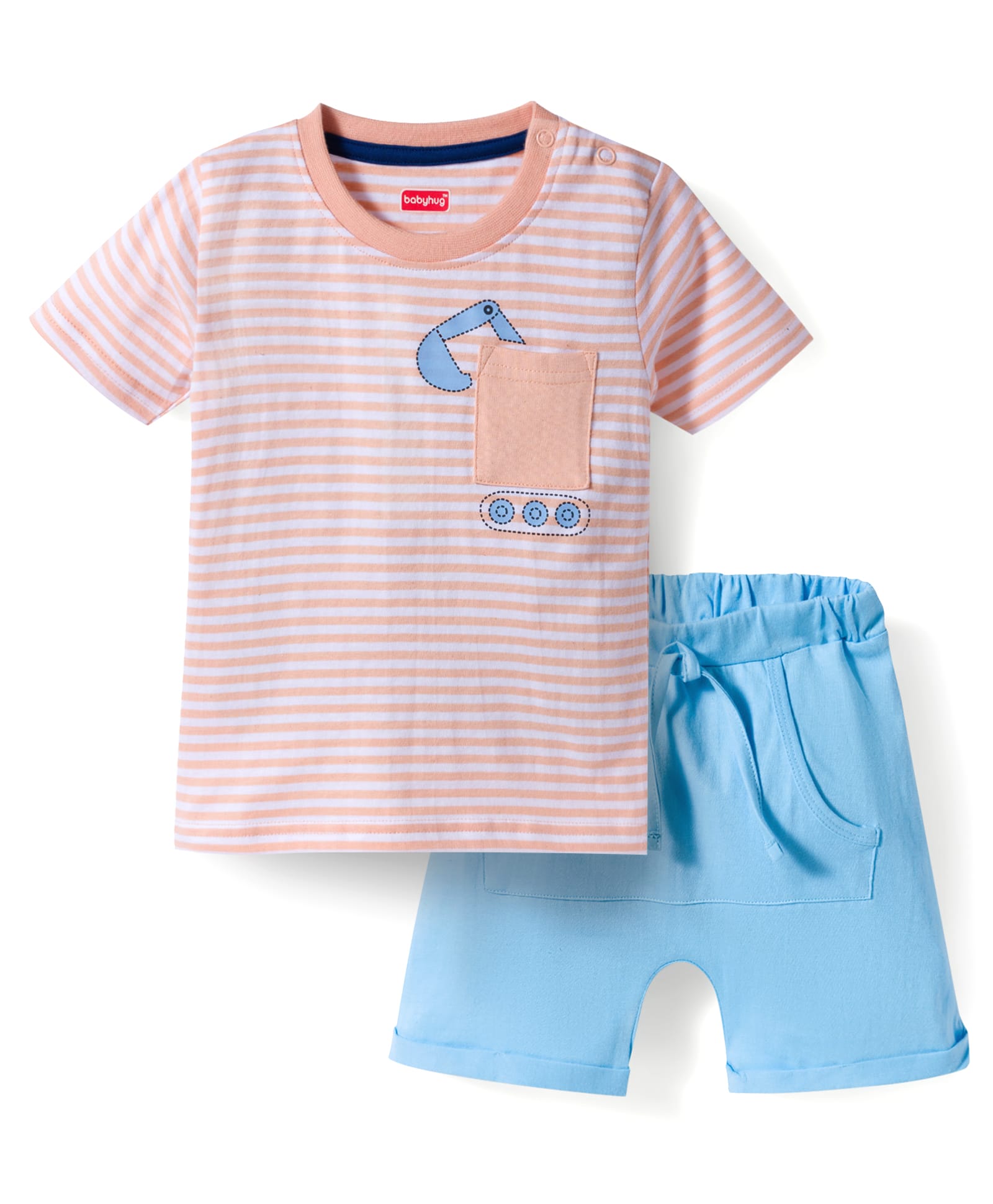 Babyhug 100% Cotton Knit Half Sleeves Vehicles Printed & Striped T-Shirt & Shorts Set - Peach & Light Blue-image-31