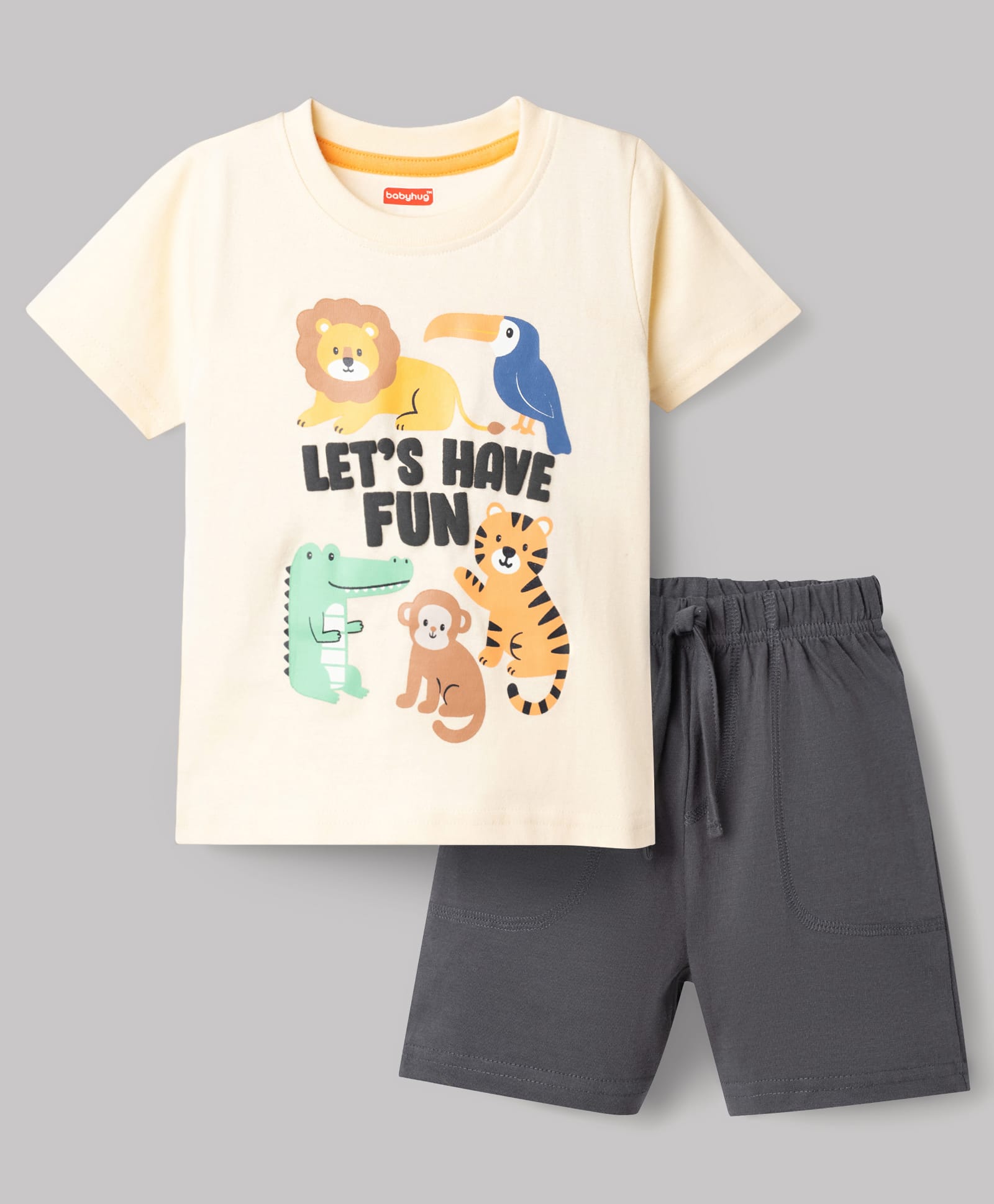Babyhug Single Jersey Knit Half Sleeves T-Shirt & Shorts Set With Animal Print - Grey-image-41