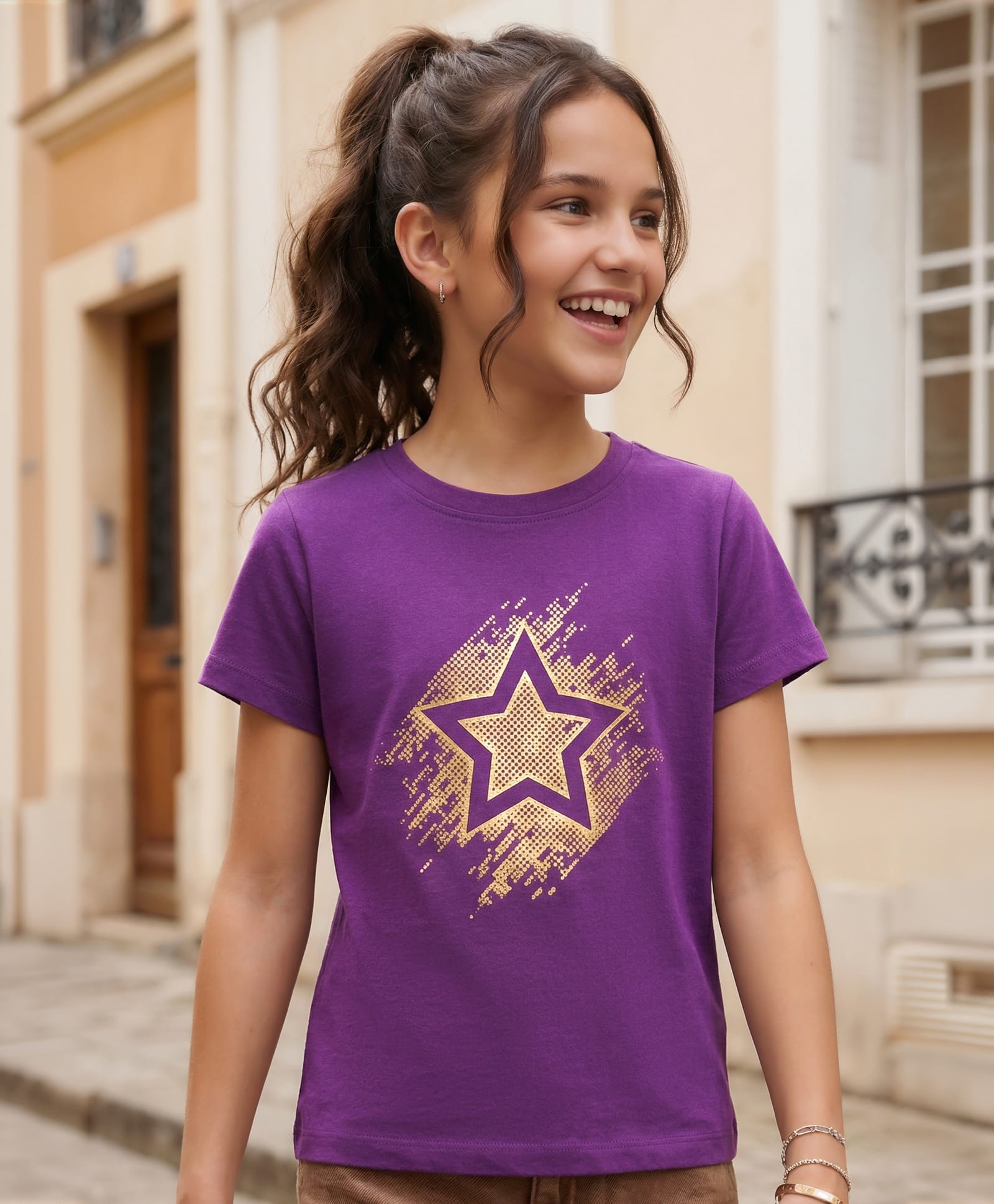 Pine Kids Cotton Knit Half Sleeves Star Printed T-Shirt - Purple-picture-22