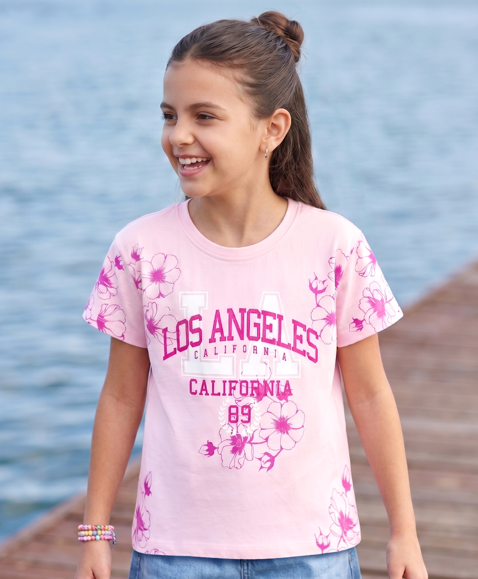 Pine Kids Cotton Knit T-Shirts with Floral Print Half Sleeves Round Neck Pink 7-8 Years-picture-30