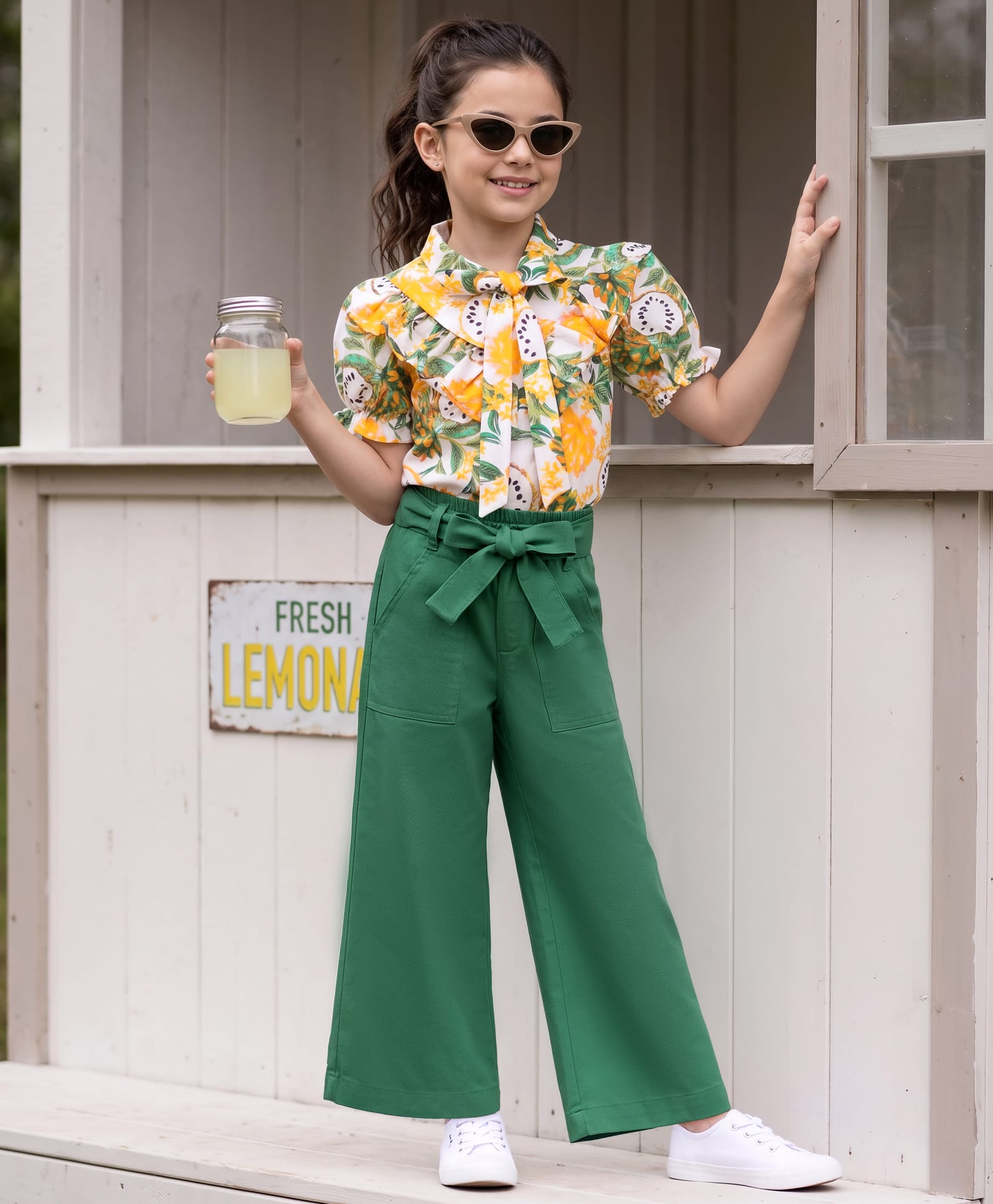 OLLINGTON ST. Woven Half Puffed Sleeves Tropical Theme Printed Top & Rayon Twill Culottes -Multicolour & Green-image-18