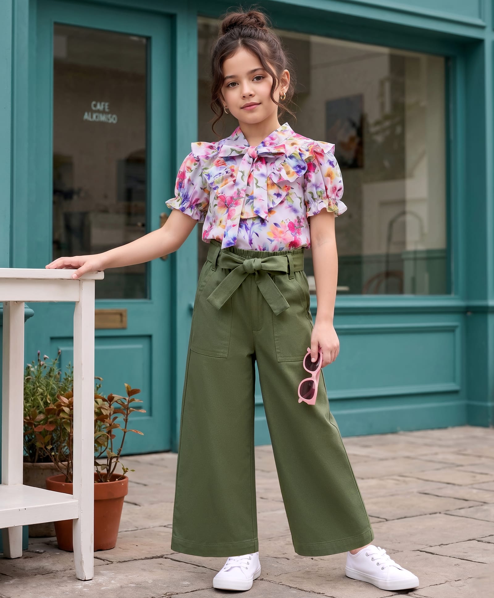 OLLINGTON ST. Woven Half Puffed Sleeves Floral Printed Top & Rayon Twill Culottes -Multicolour & Olive-image-43