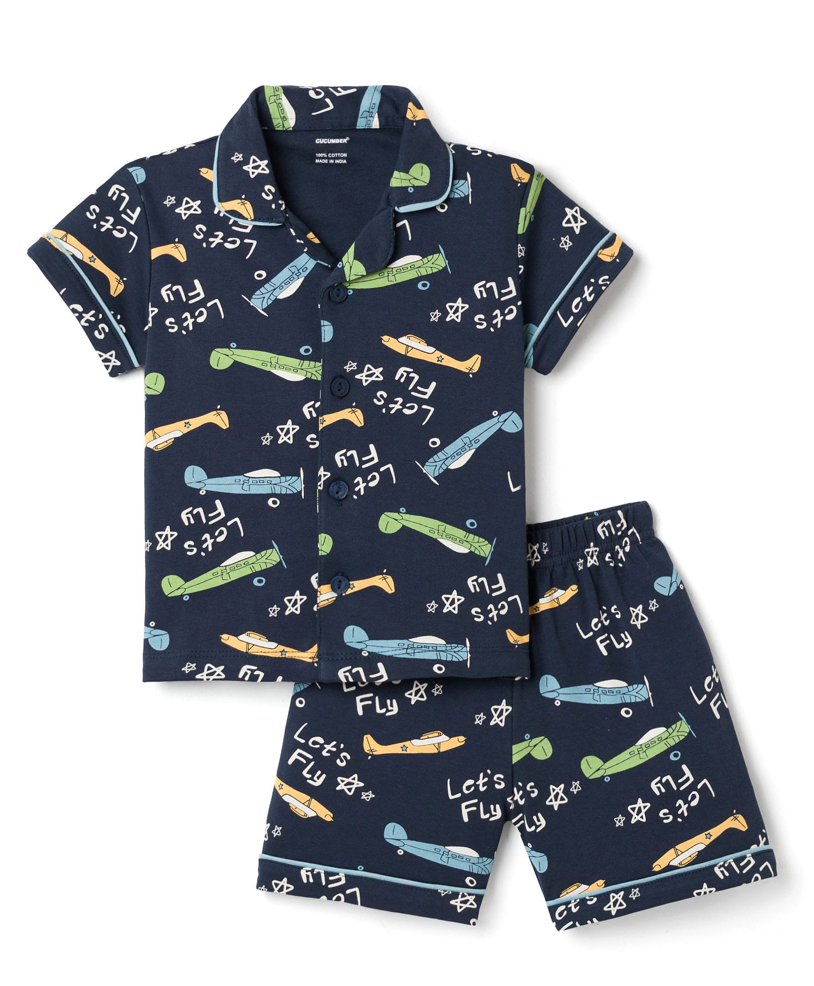 CUCUMBER Sinker Knit Half Sleeves Aeroplane Printed Co-Ords Shirt & Shorts Set - Navy Blue-picture-18
