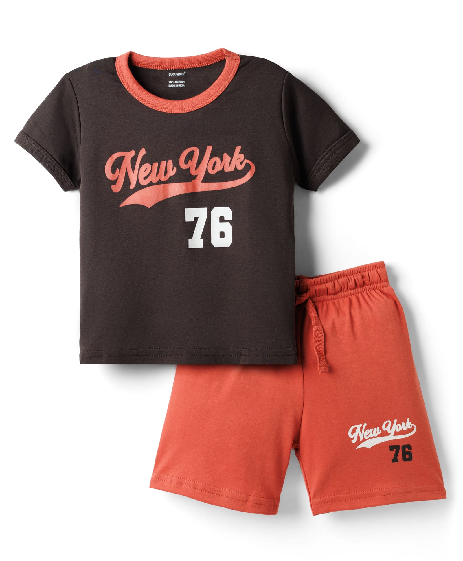 CUCUMBER Sinker Knit Half Sleeves T-Shirt & Shorts Set with New York Print - Charcoal Grey-image-23