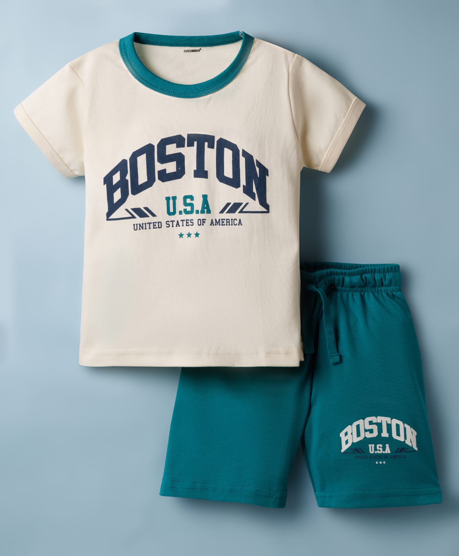 CUCUMBER Sinker Knit Half Sleeves T-Shirt & Shorts Set with Boston Print - Cream-picture-4