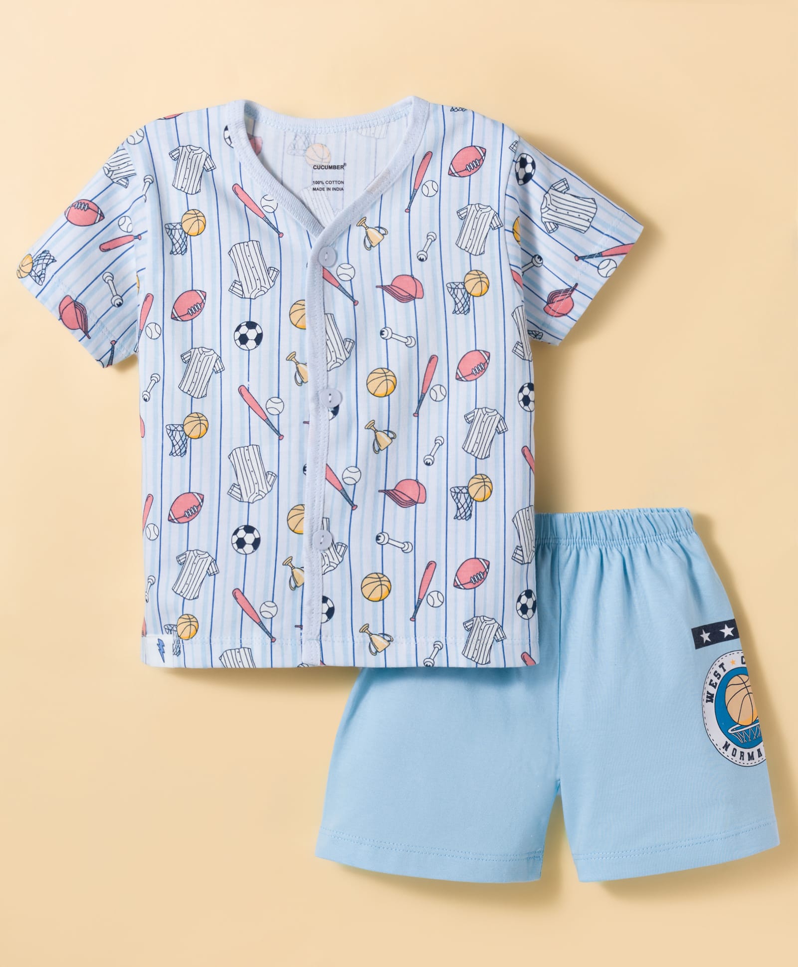 CUCUMBER Sinker Knit Half Sleeves T-Shirt & Shorts Set With Baseball Print - Light Blue-picture-22