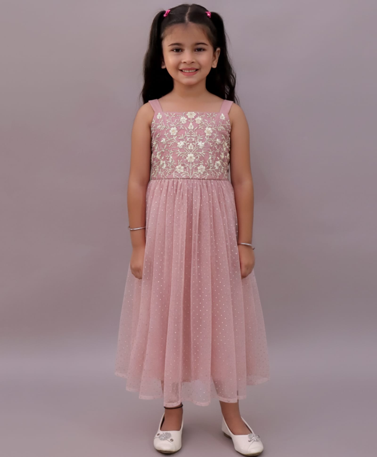 Lil' Drama Cotton Knit Sleeveless Glitter Embellished & Floral Embroidered Dress - Pink-image-38