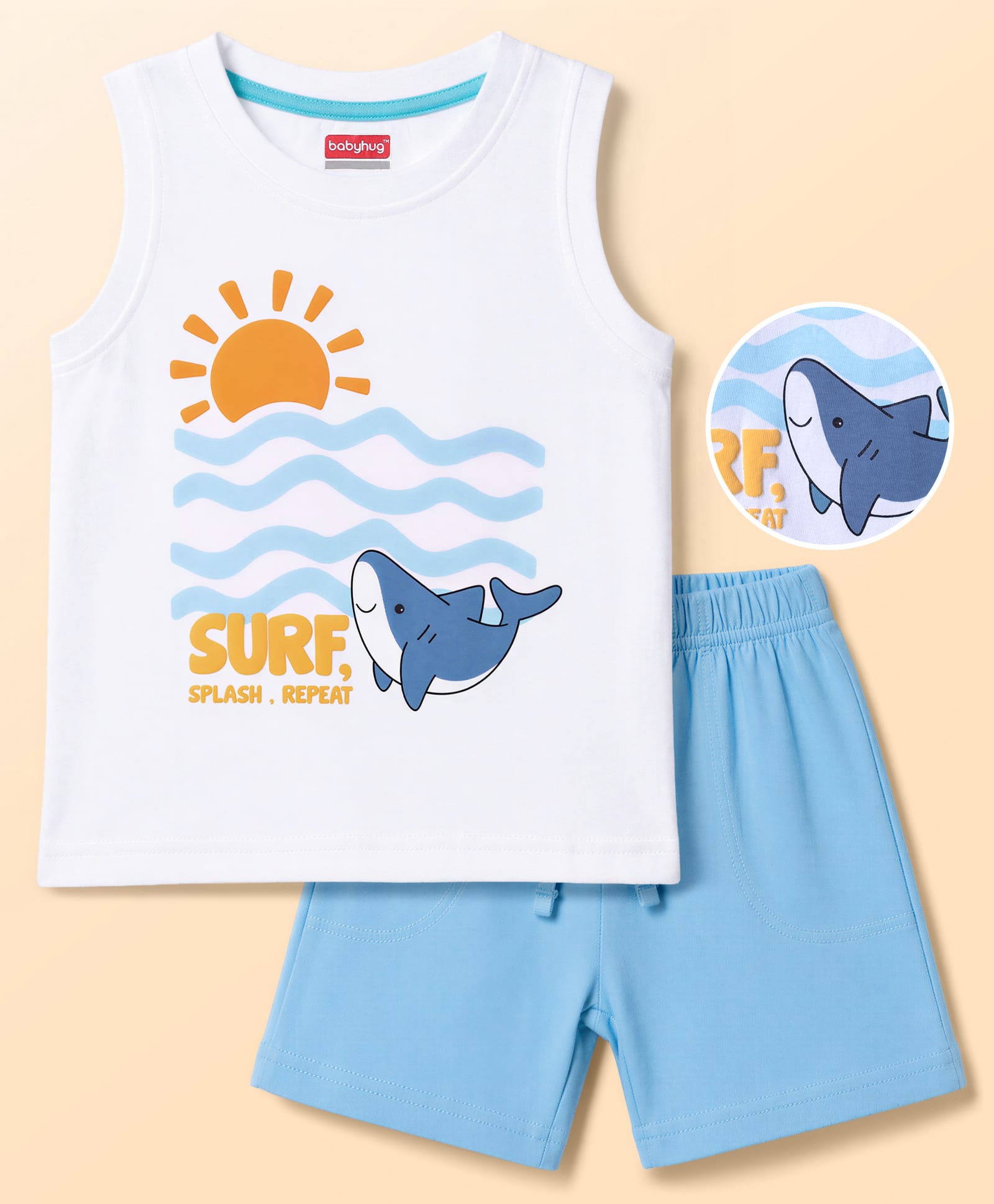 Babyhug Single Jersey Knit Sleeveless Sea Life Printed Tank T-Shirt & Shorts Set - White & Light Blue-image-16