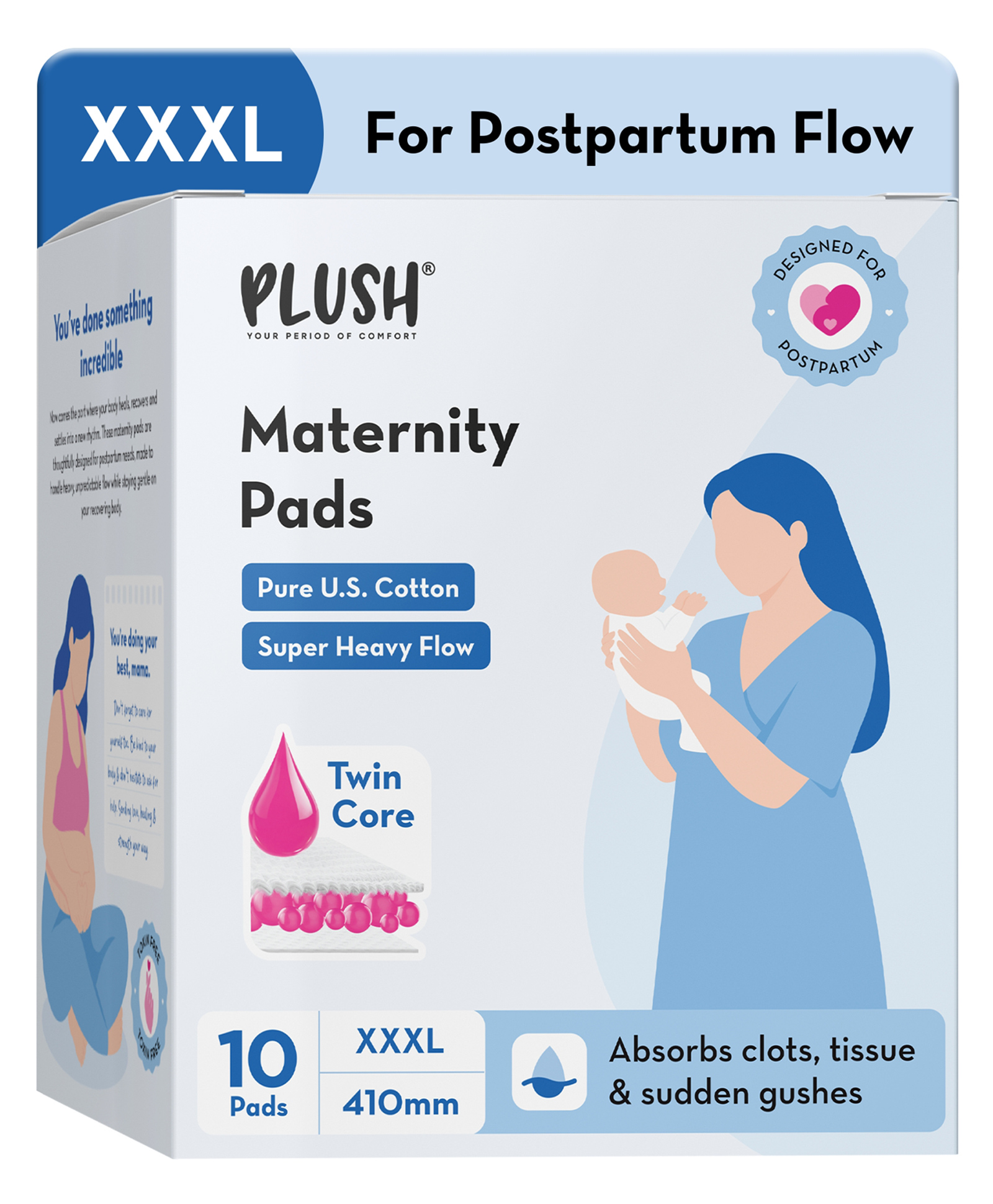 Plush Maternity Pads 100% Cotton Twin Core, Super Absorbent Postpartum Pads 410mm Pack of 10 - XXXL-image-27