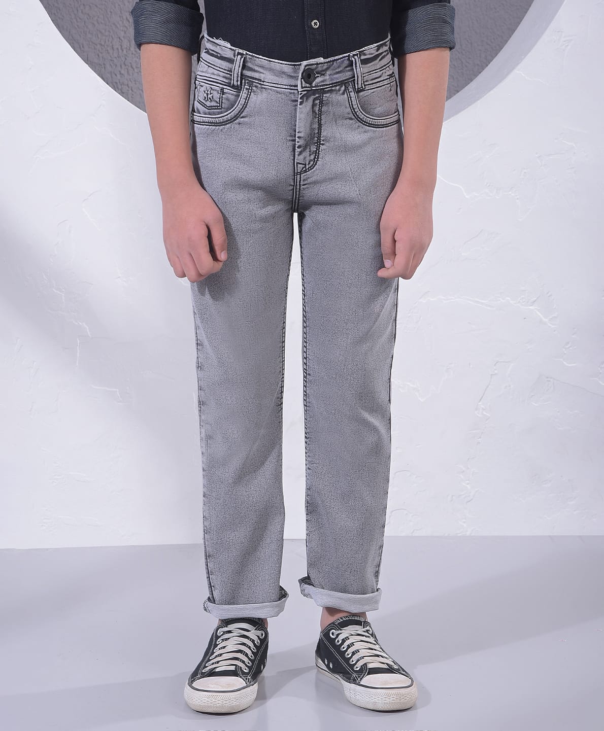 CRIMSOUNE CLUB Cotton Denim Solid Jeans - Grey-picture-14