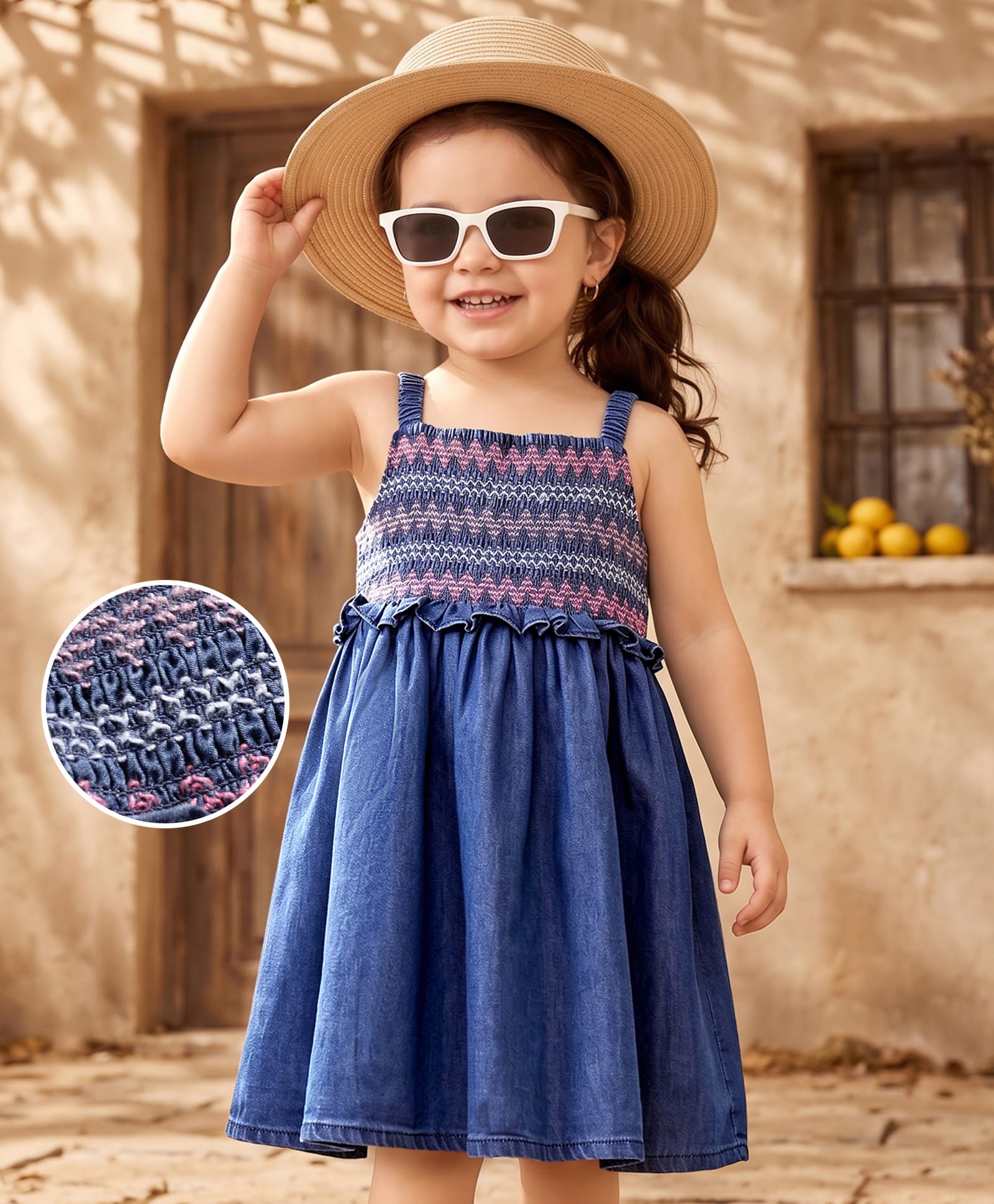 Babyhug Woven Sleeveless Solid Denim Frock With Smock Detailing - Blue-image-12